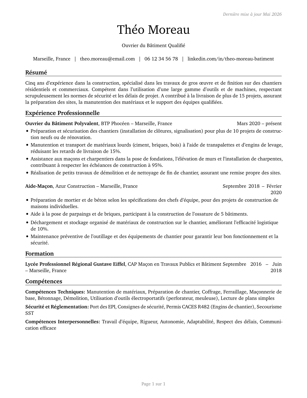 Construction Laborers CV in French — page 1