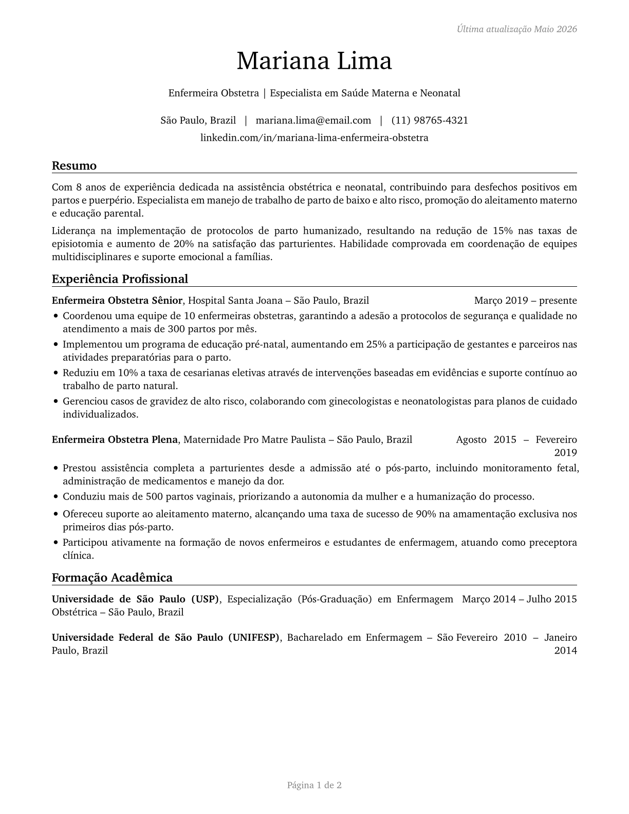 Nurse Midwives CV in Portuguese — page 1