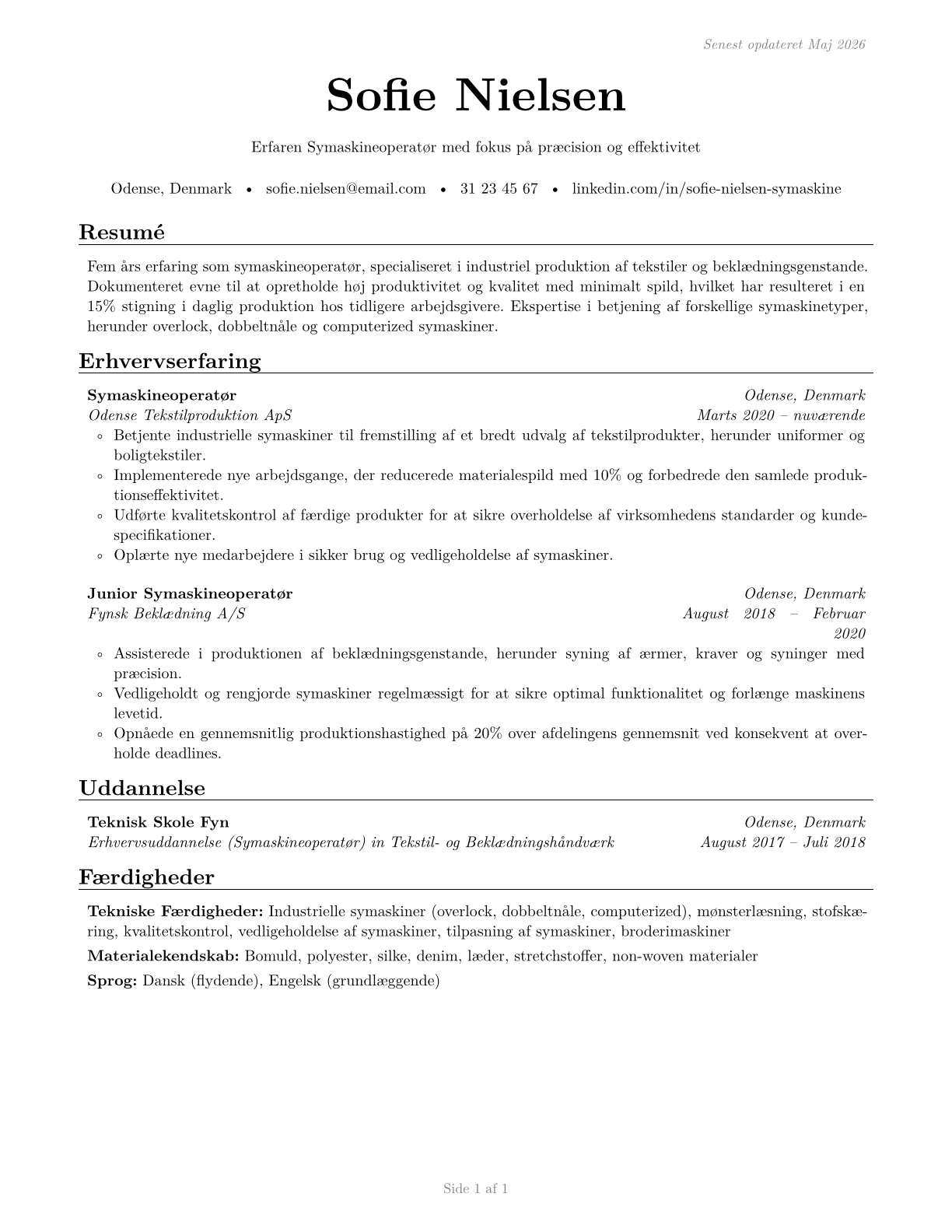 Sewing Machine Operators CV in Danish — page 1