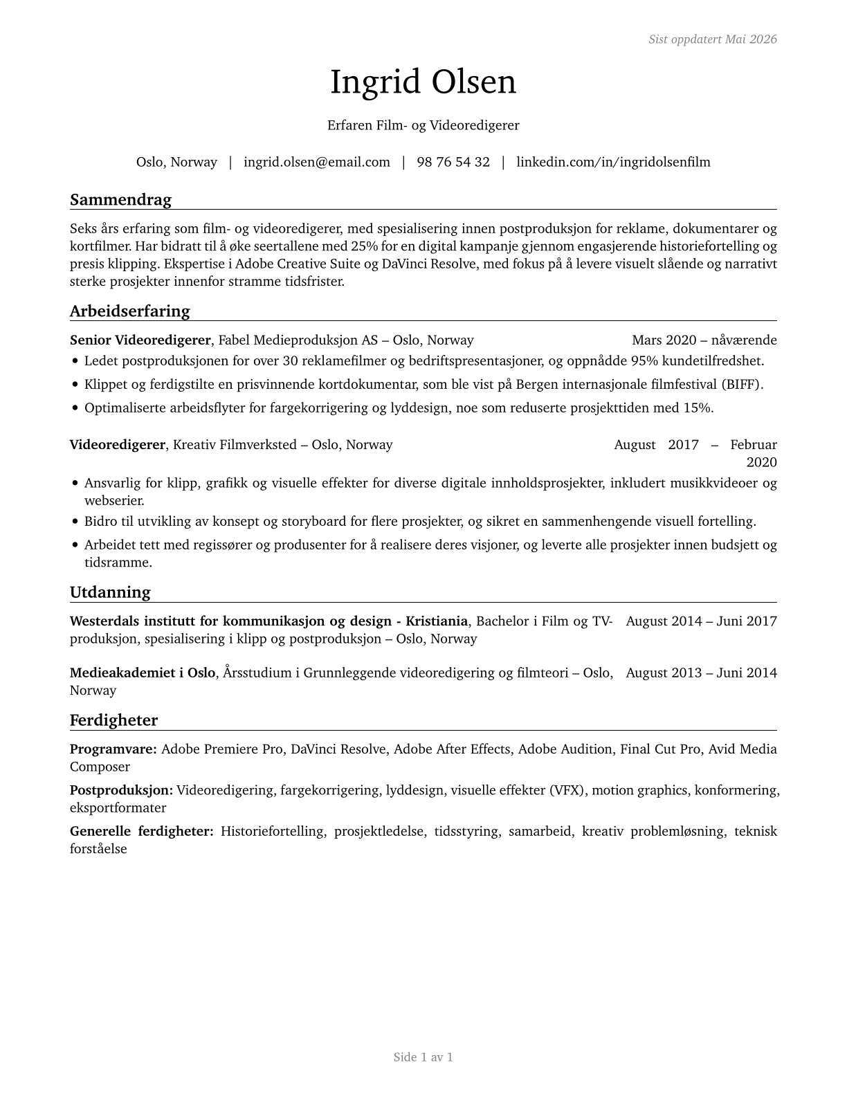 Film and Video Editors CV in Norwegian_bokmal — page 1