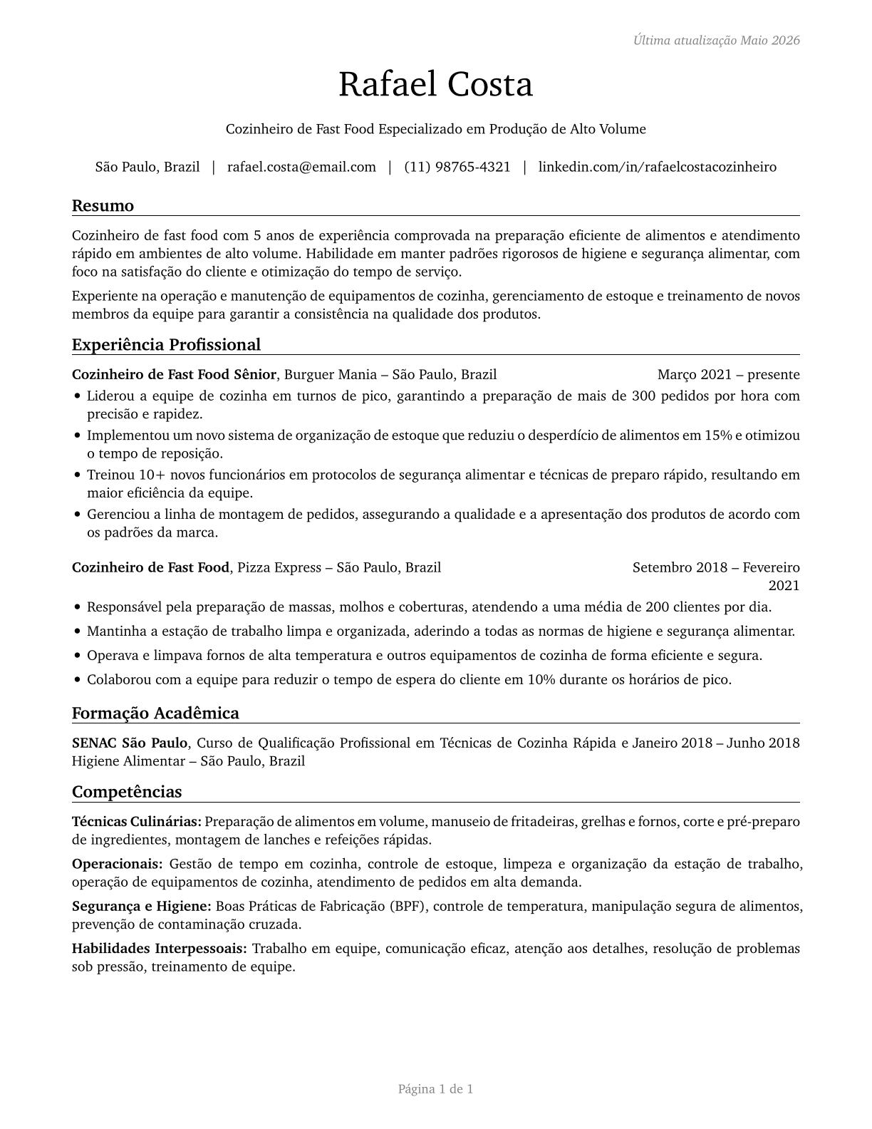 Cooks, Fast Food CV in Portuguese — page 1