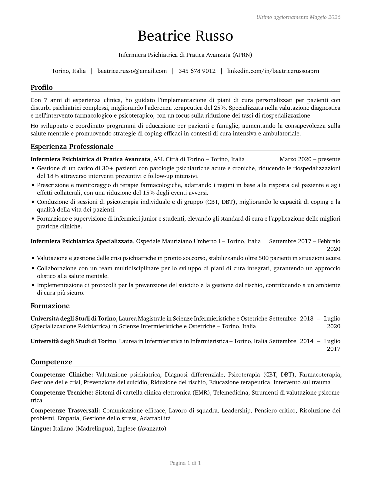 Advanced Practice Psychiatric Nurses CV in Italian — page 1