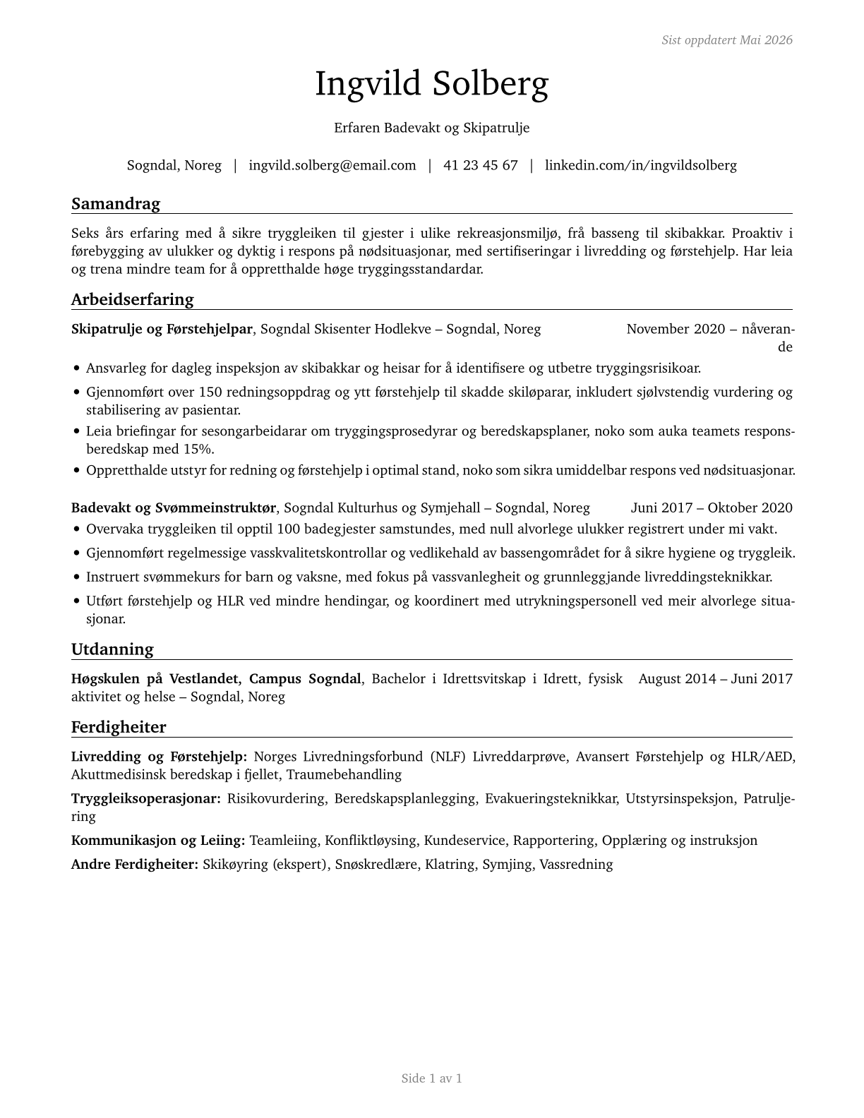 Lifeguards, Ski Patrol, and Other Recreational Protective Service Workers CV in Norwegian_nynorsk — page 1