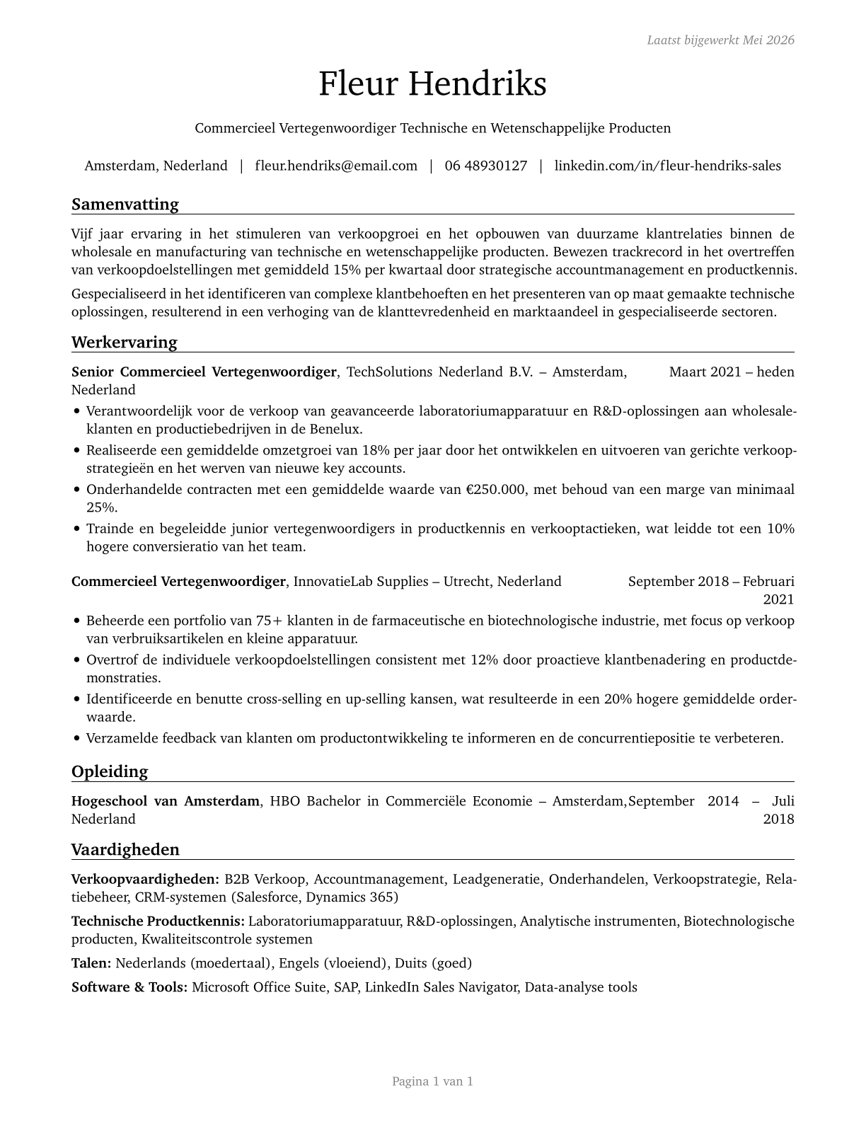 Sales Representatives, Wholesale and Manufacturing, Technical and Scientific Products CV in Dutch — page 1
