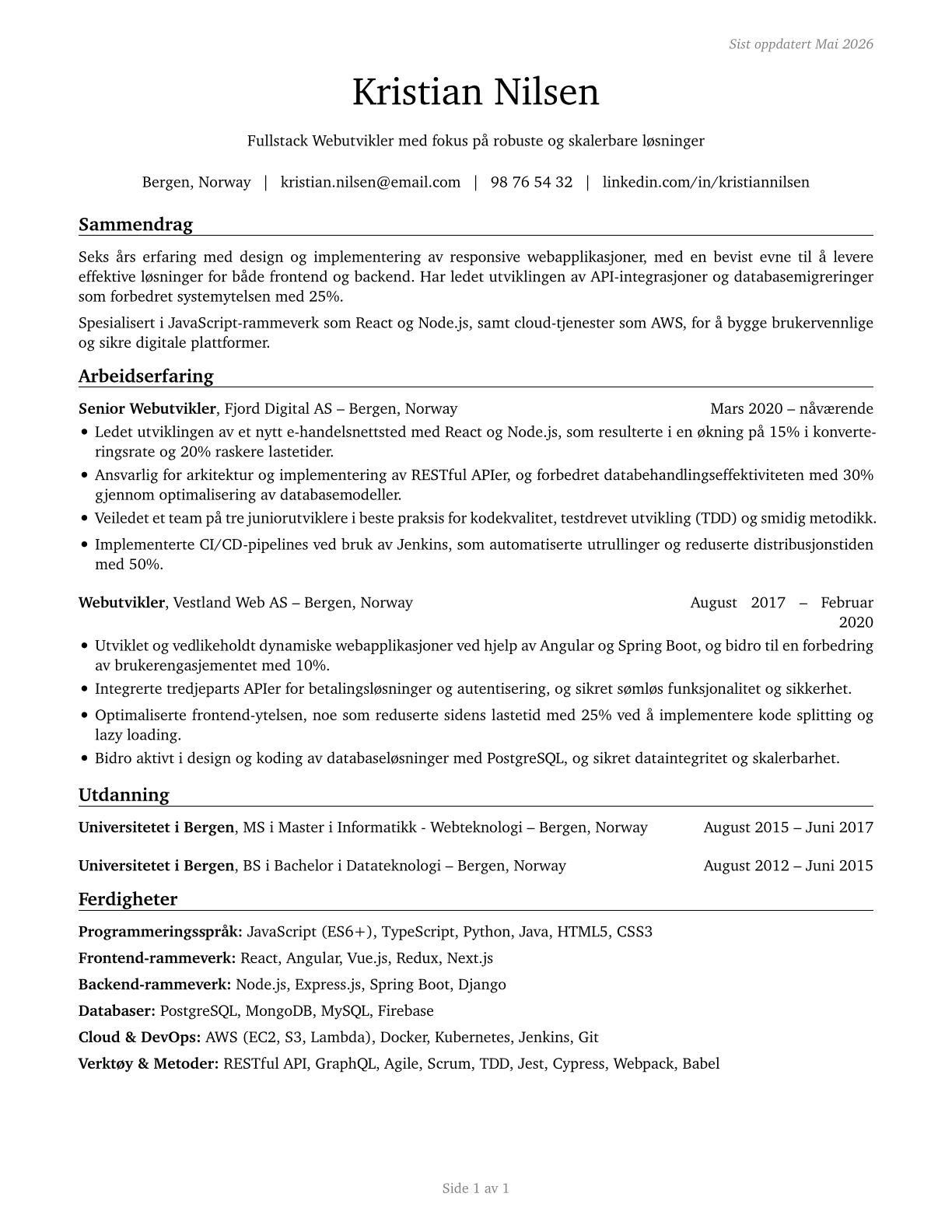 Web Developers CV in Norwegian_bokmal — page 1