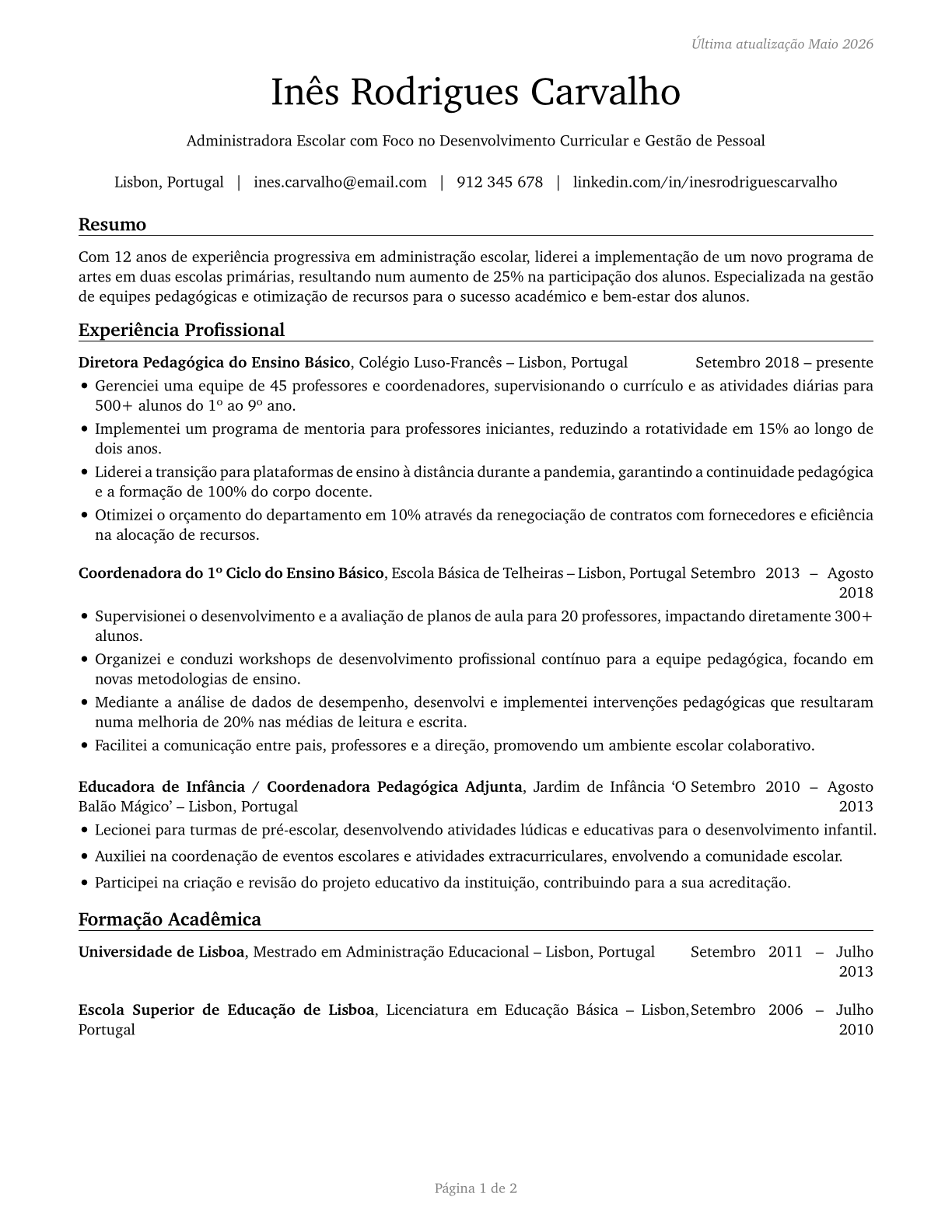 Education Administrators, Kindergarten through Secondary CV in Portuguese — page 1