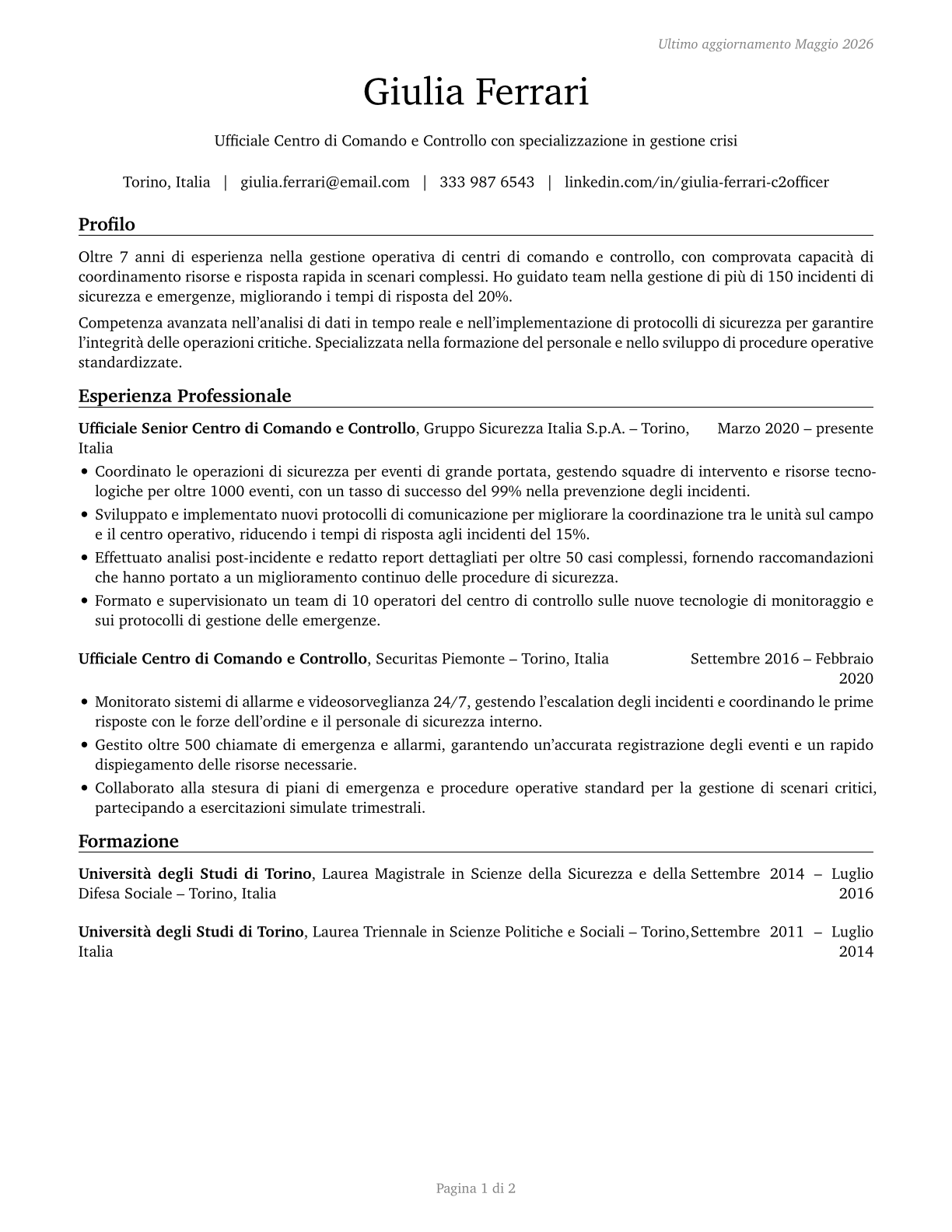 Command and Control Center Officers CV in Italian — page 1