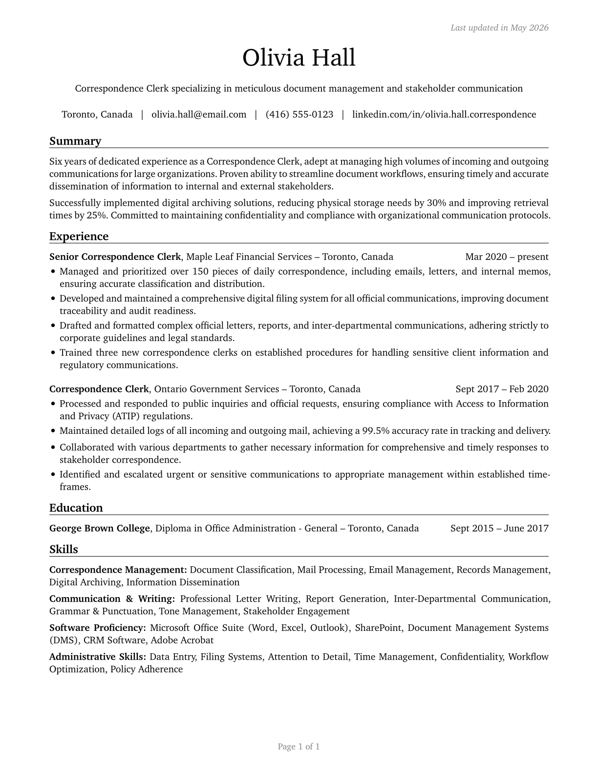 Correspondence Clerks CV in English — page 1