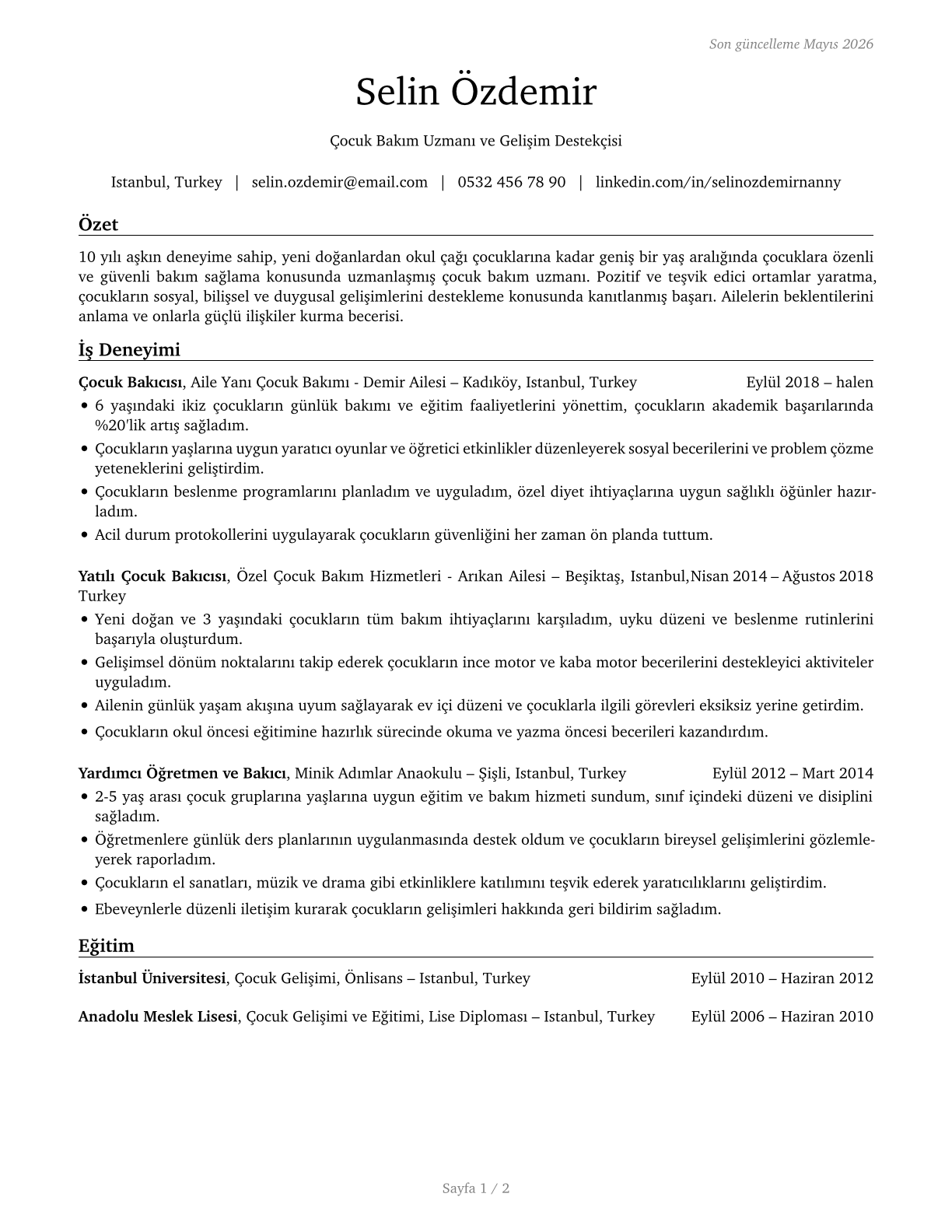 Nannies CV in Turkish — page 1