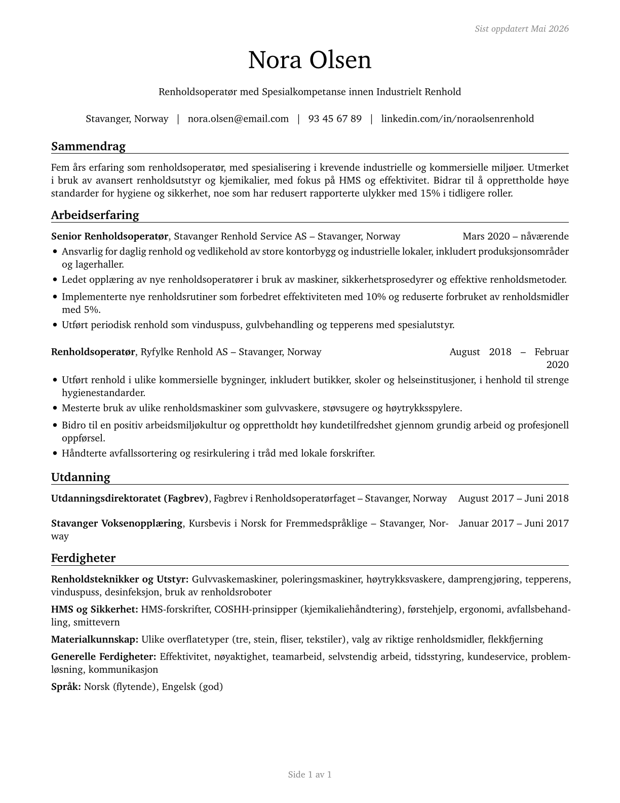 Janitors and Cleaners, Except Maids and Housekeeping Cleaners CV in Norwegian_bokmal — page 1