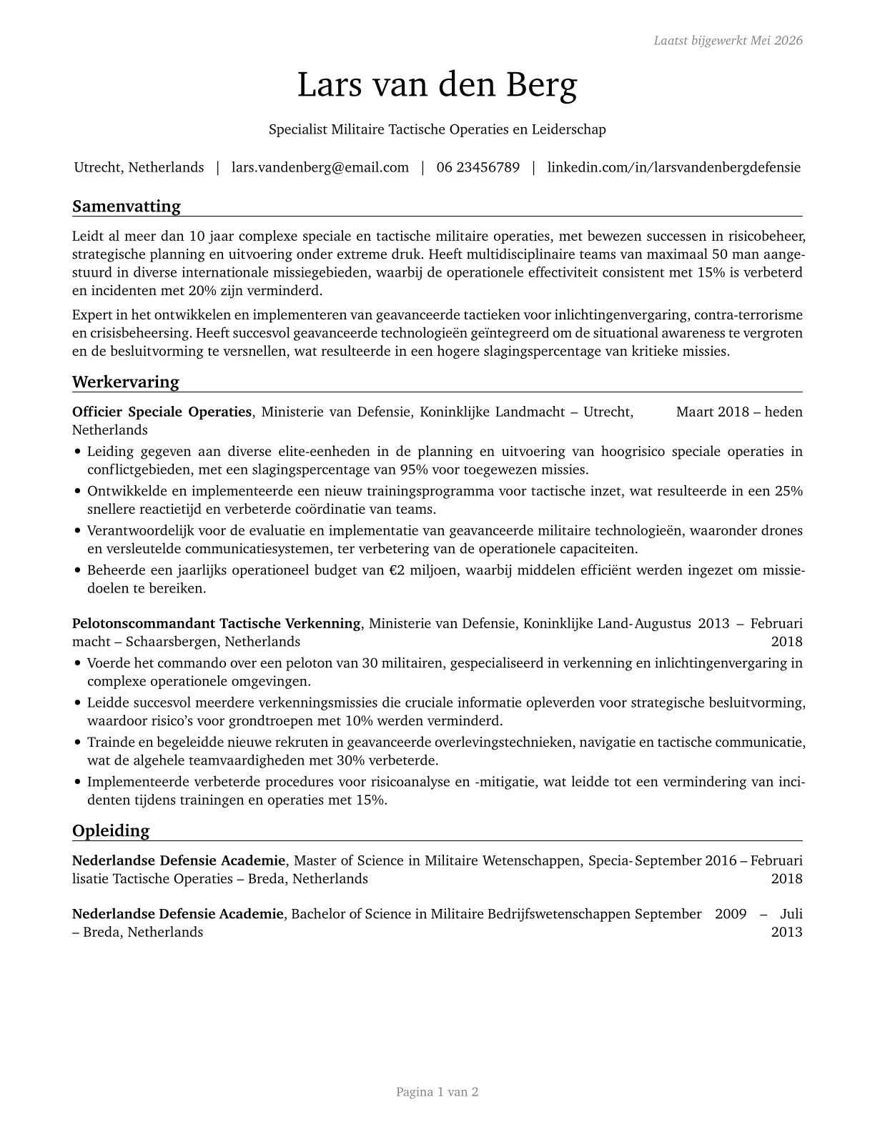 Military Officer Special and Tactical Operations Leaders, All Other CV in Dutch — page 1