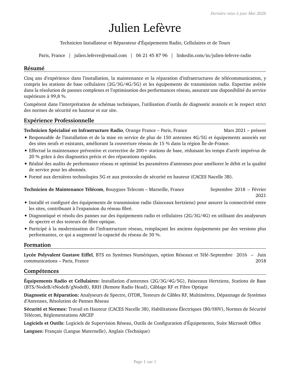Radio, Cellular, and Tower Equipment Installers and Repairers CV in French — page 1