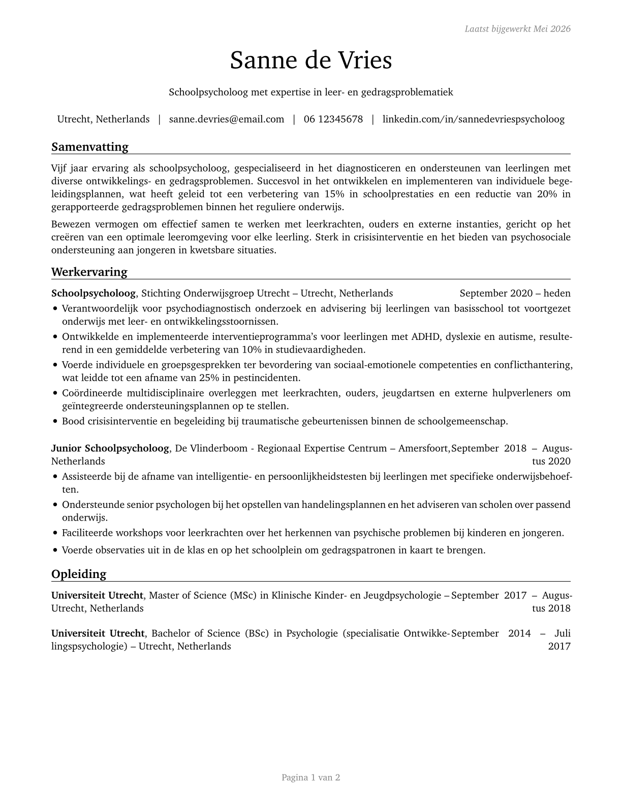 School Psychologists CV in Dutch — page 1