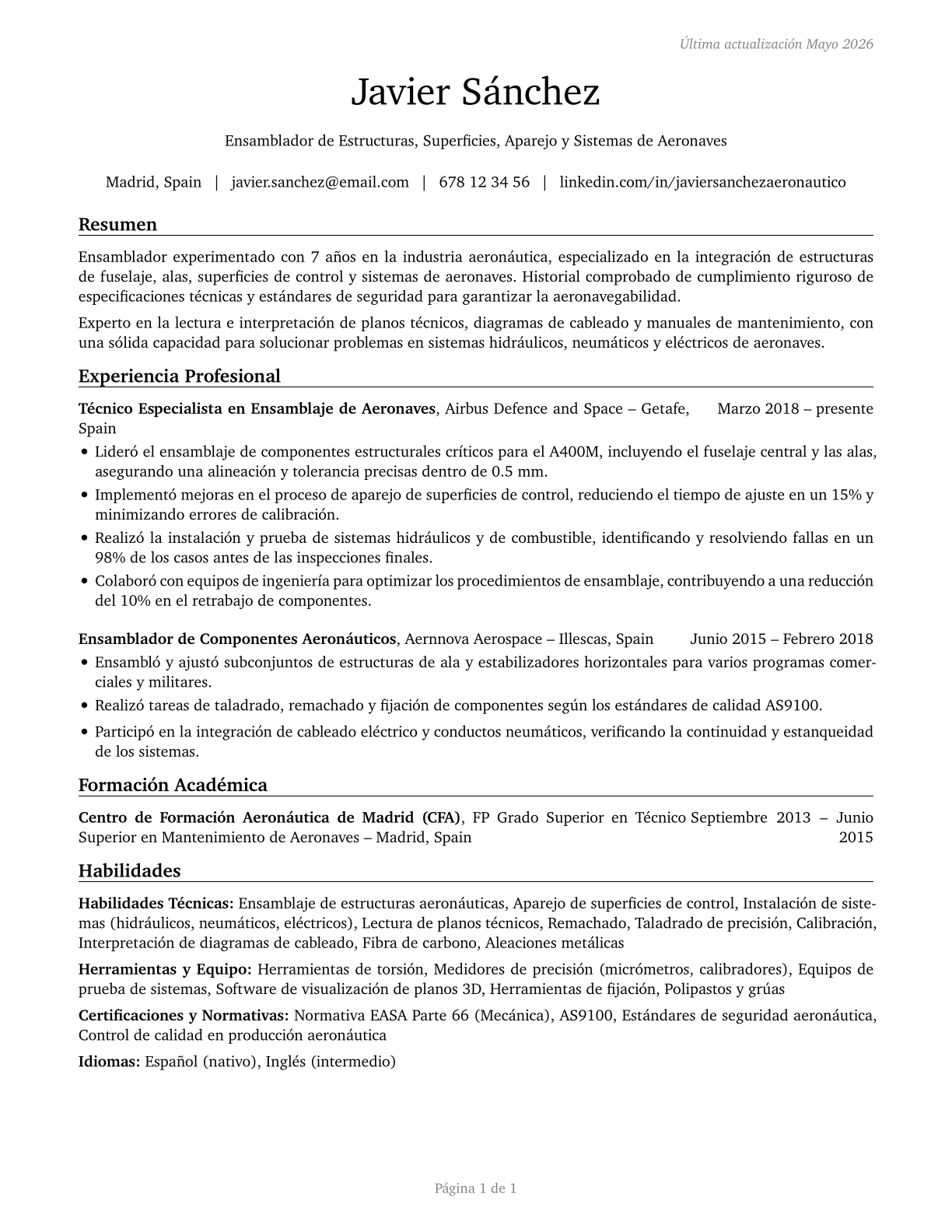 Aircraft Structure, Surfaces, Rigging, and Systems Assemblers CV in Spanish — page 1