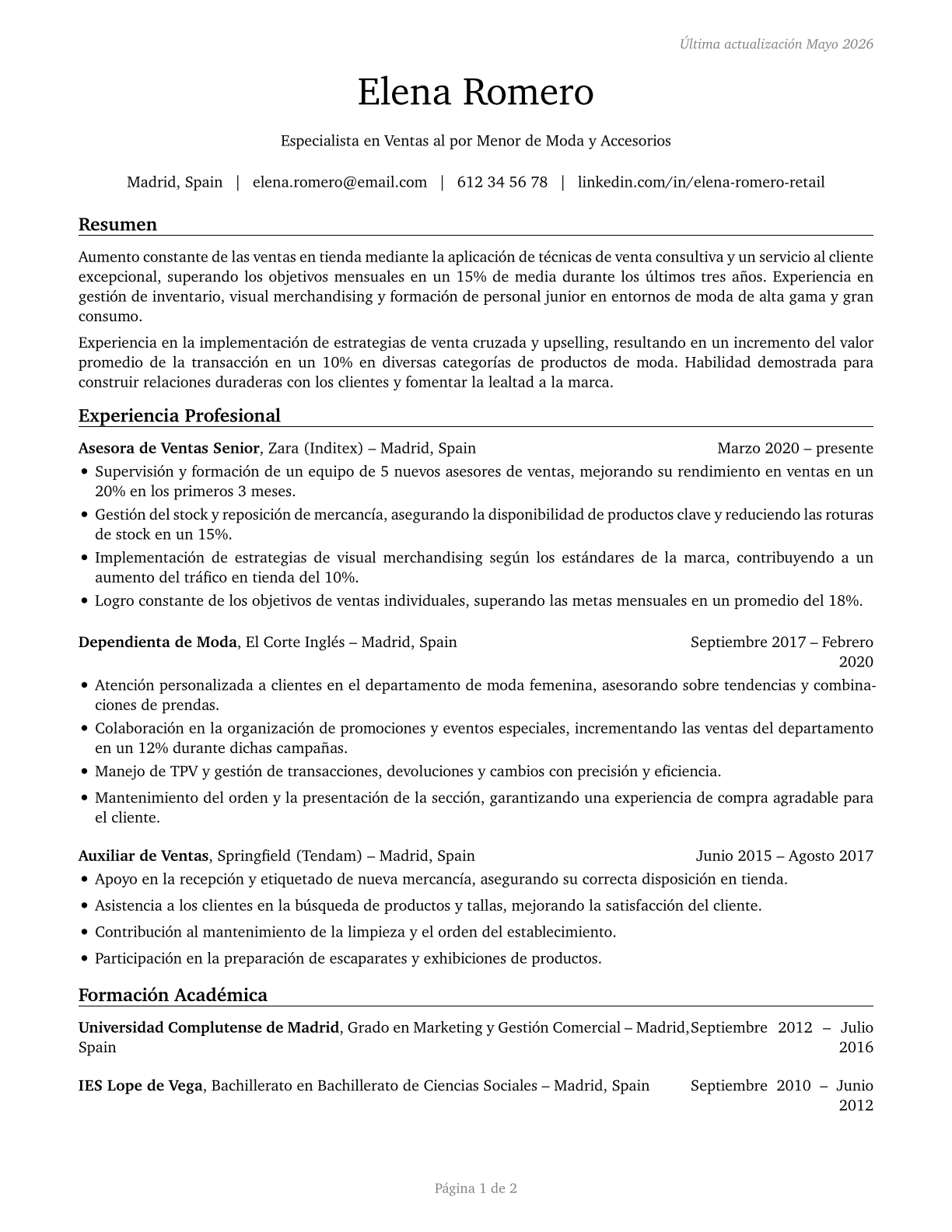 Retail Salespersons CV in Spanish — page 1