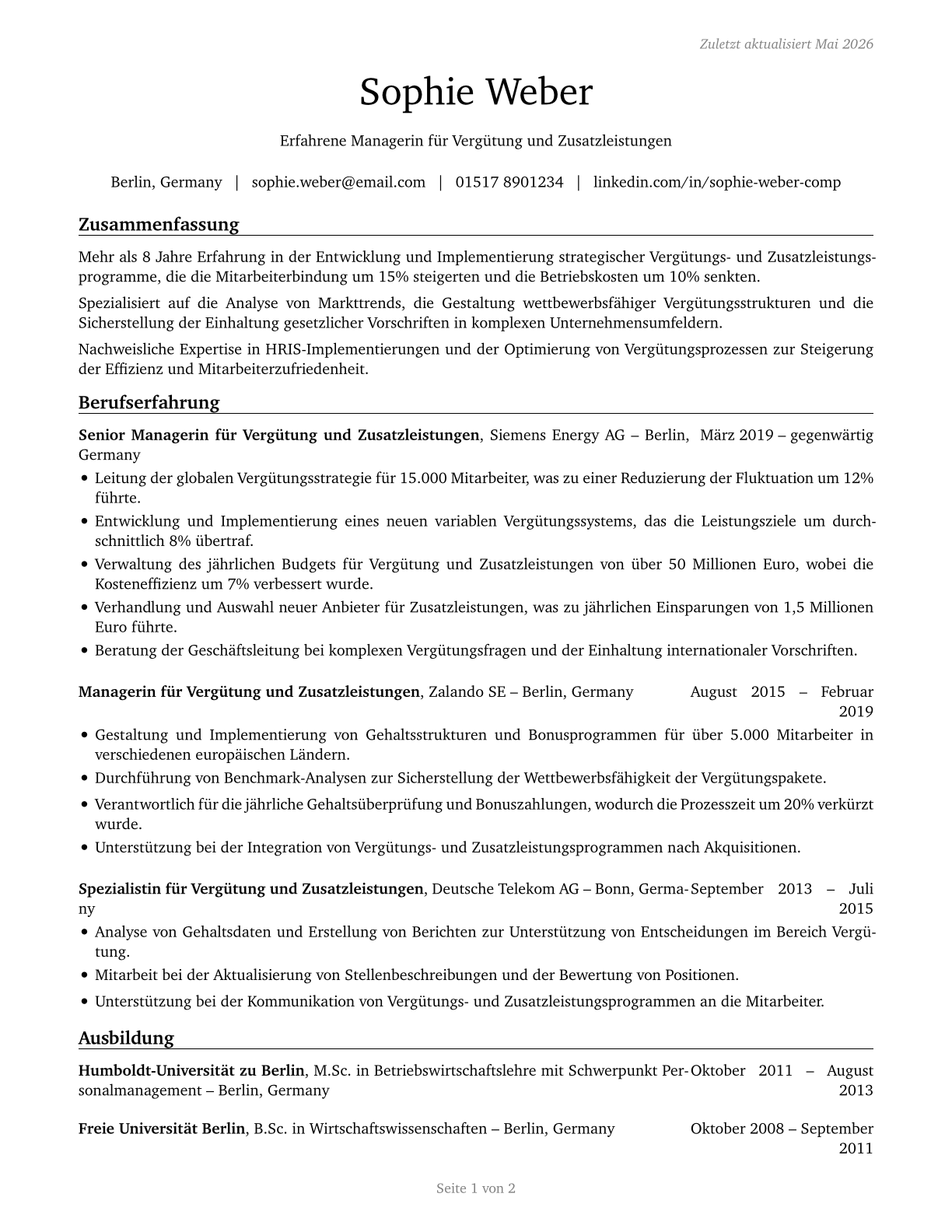Compensation and Benefits Managers CV in German — page 1