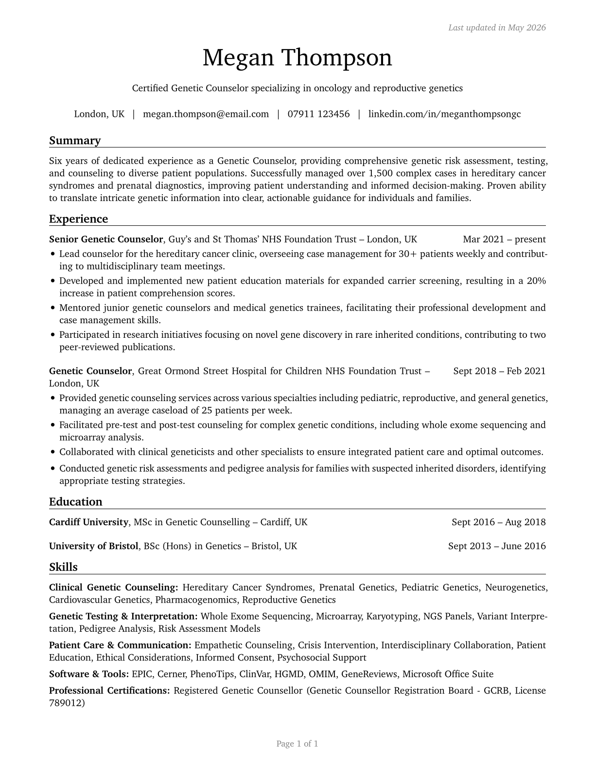 Genetic Counselors CV in English — page 1