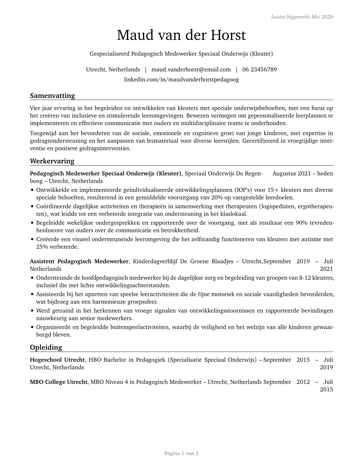 Special Education Teachers, Preschool CV in Dutch — page 1