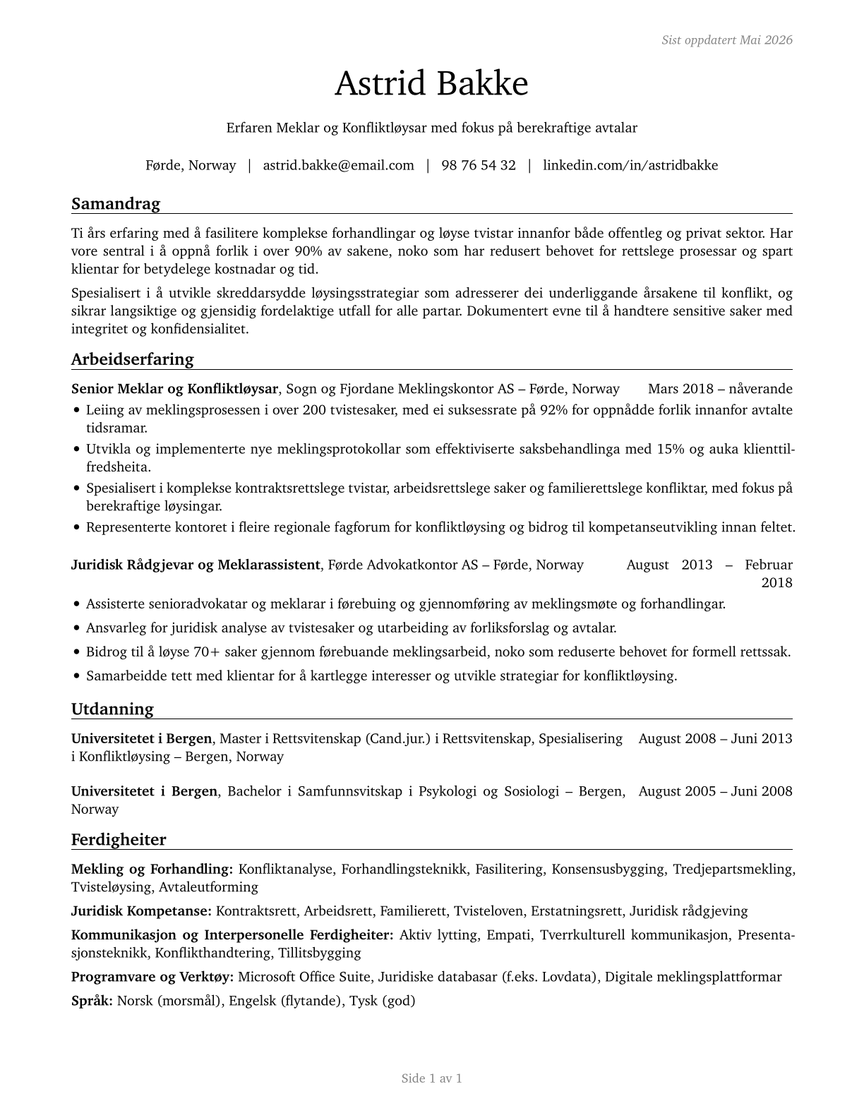 Arbitrators, Mediators, and Conciliators CV in Norwegian_nynorsk — page 1