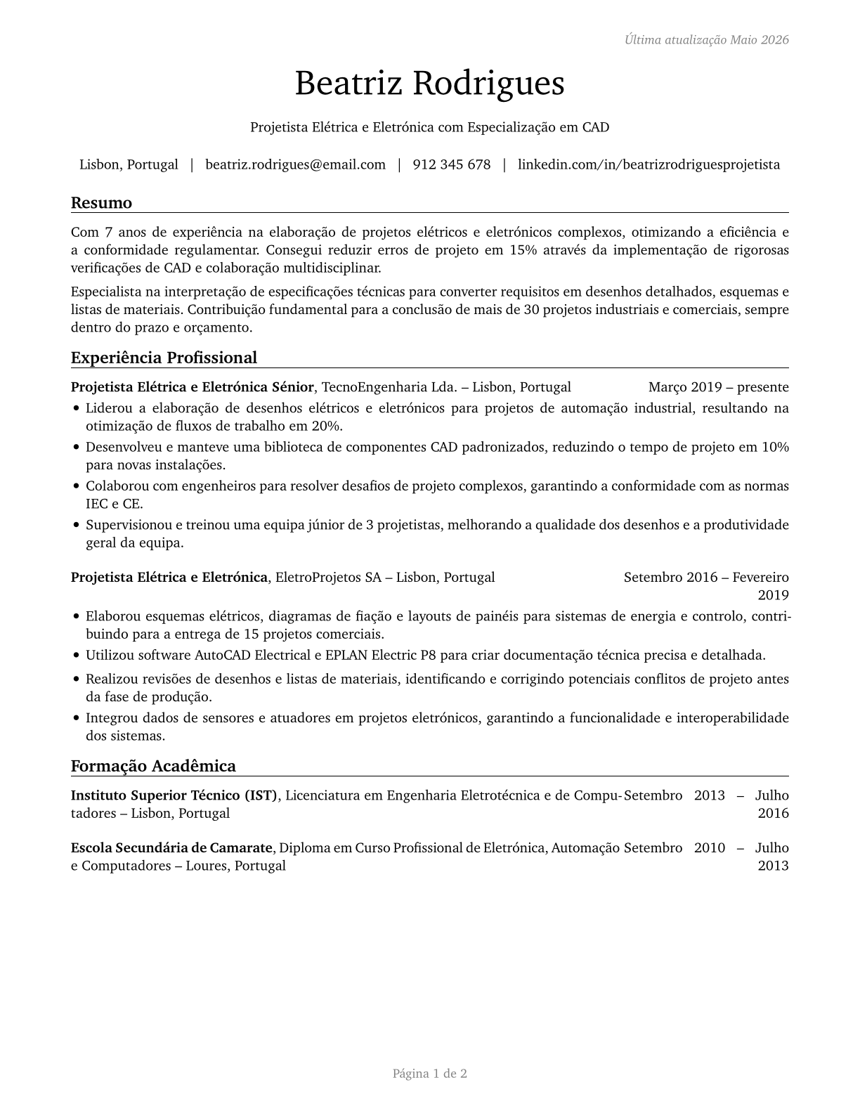 Electrical and Electronics Drafters CV in Portuguese — page 1