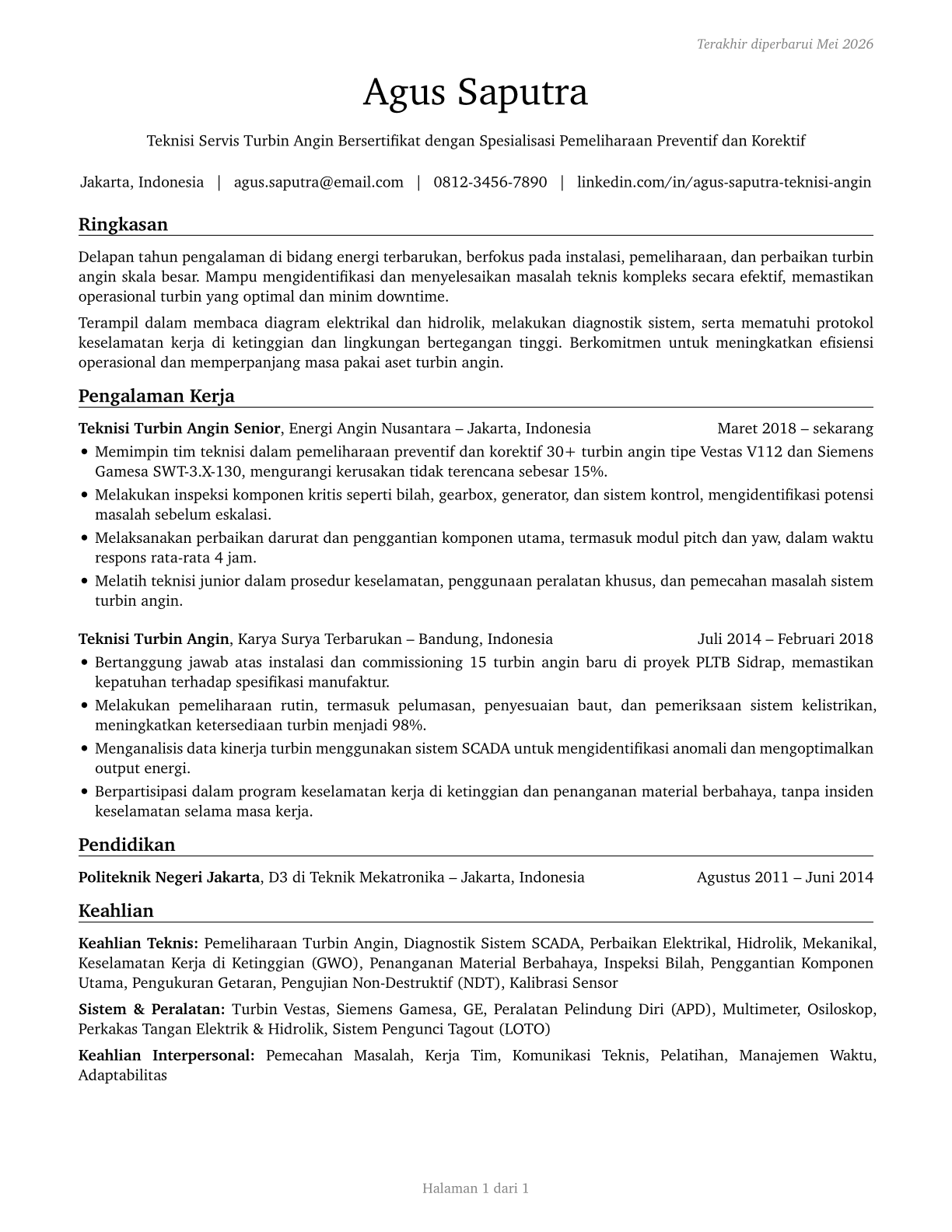 Wind Turbine Service Technicians CV in Indonesian — page 1