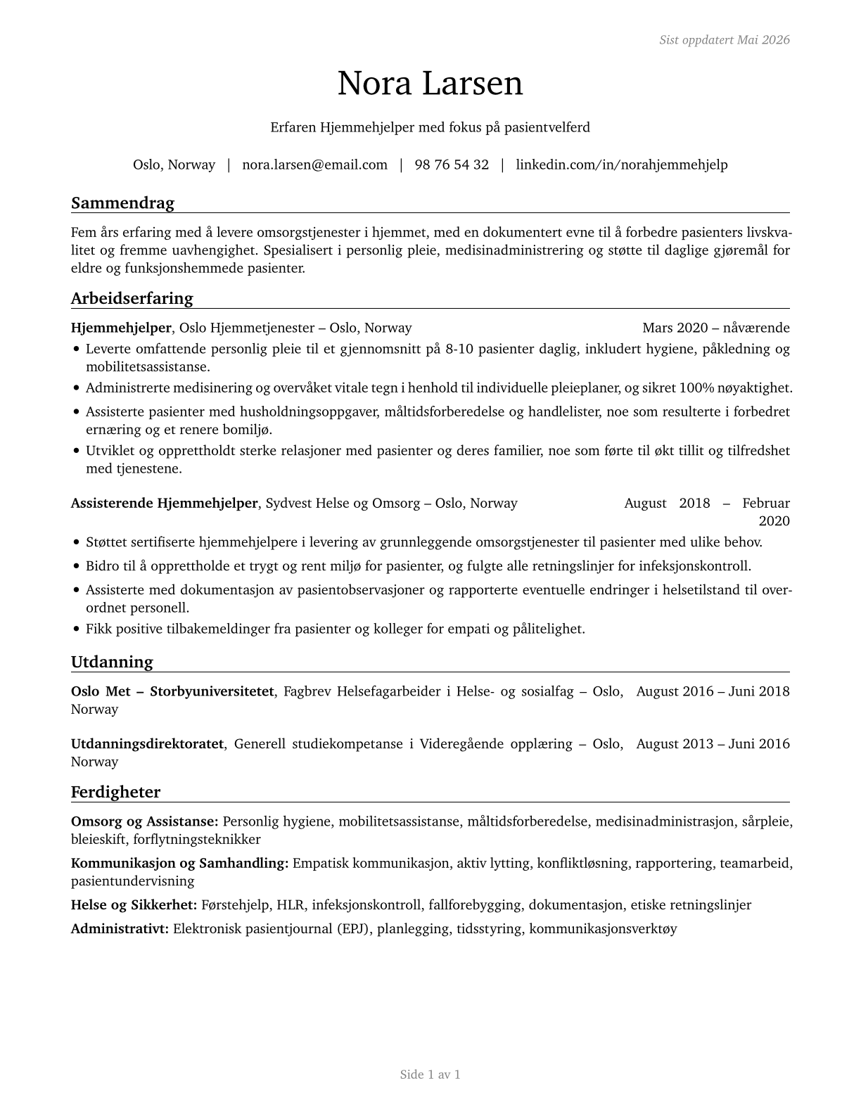 Home Health Aides CV in Norwegian_bokmal — page 1