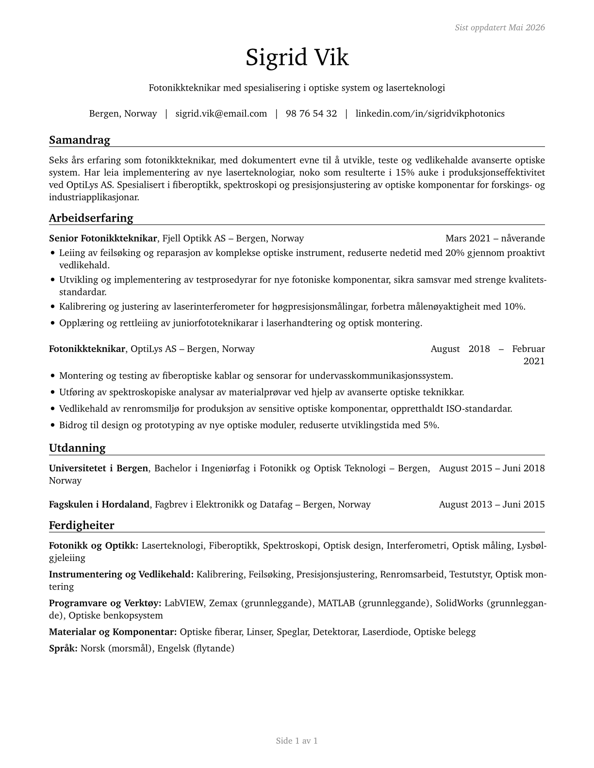 Photonics Technicians CV in Norwegian_nynorsk — page 1