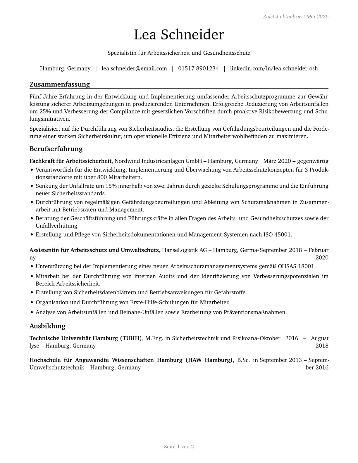 Occupational Health and Safety Specialists CV in German — page 1
