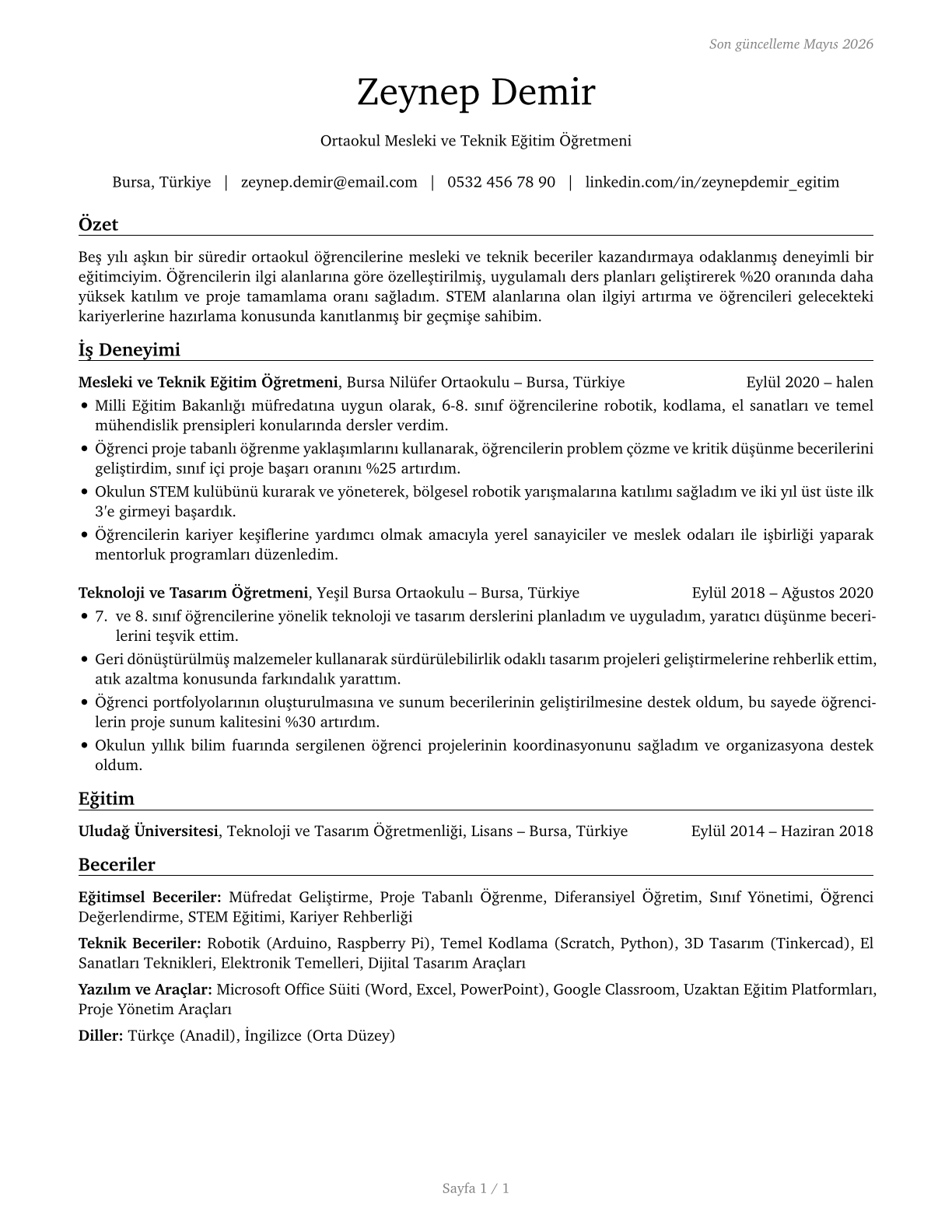 Career/Technical Education Teachers, Middle School CV in Turkish — page 1