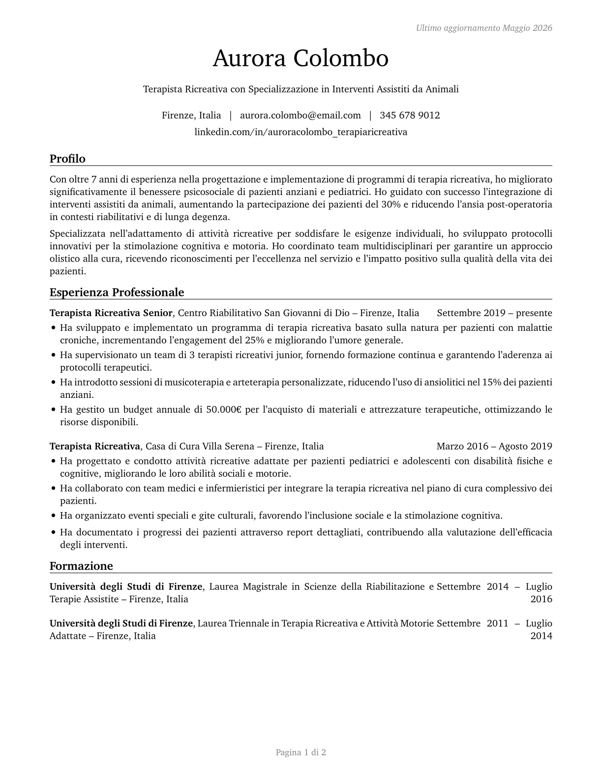 Recreational Therapists CV in Italian — page 1