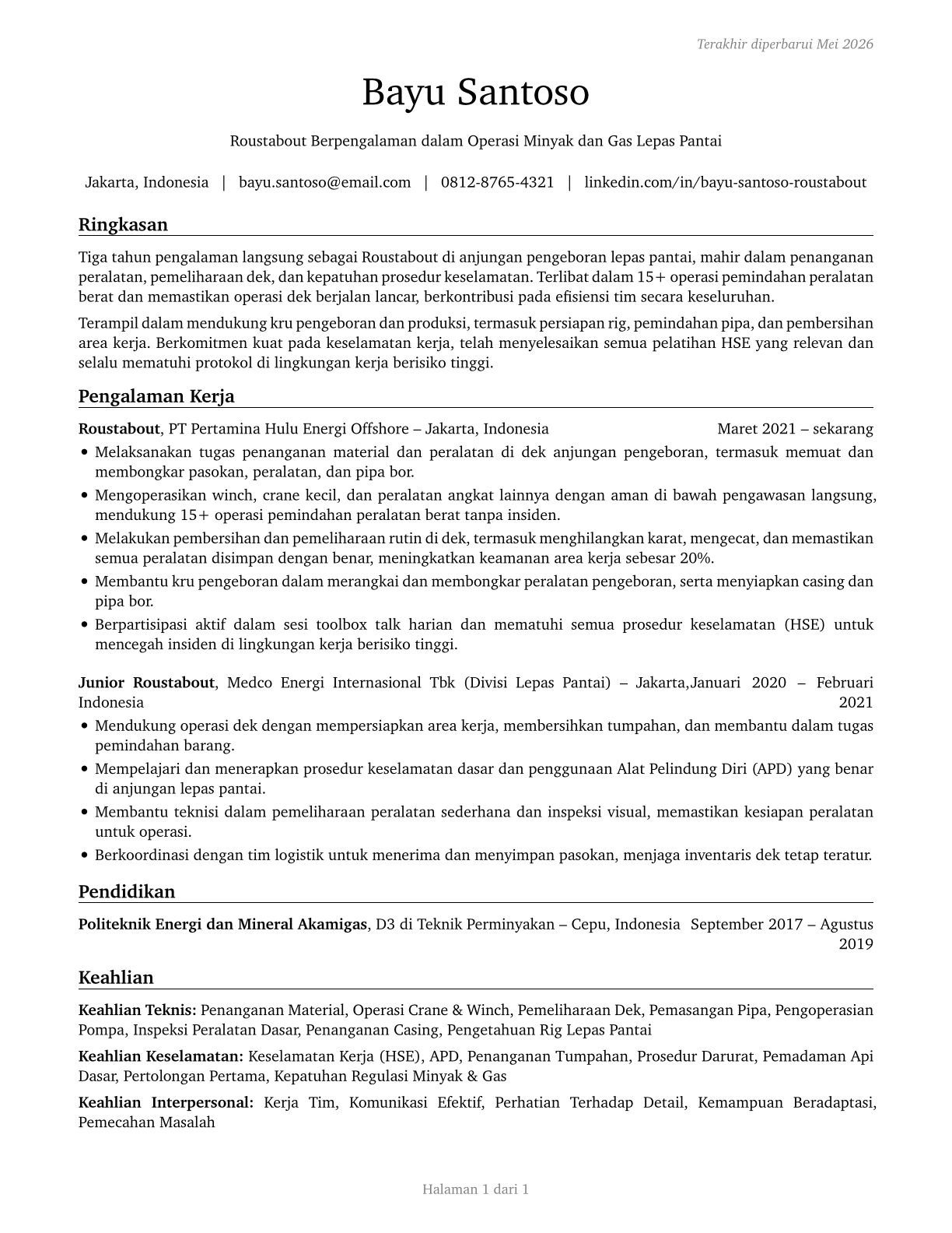 Roustabouts, Oil and Gas CV in Indonesian — page 1