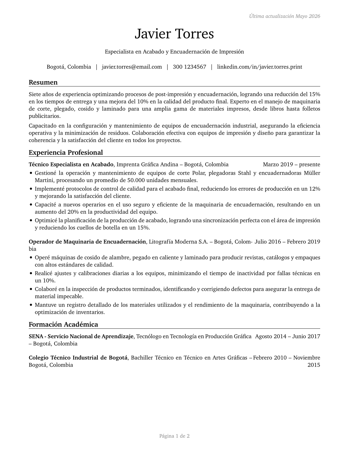 Print Binding and Finishing Workers CV in Spanish — page 1