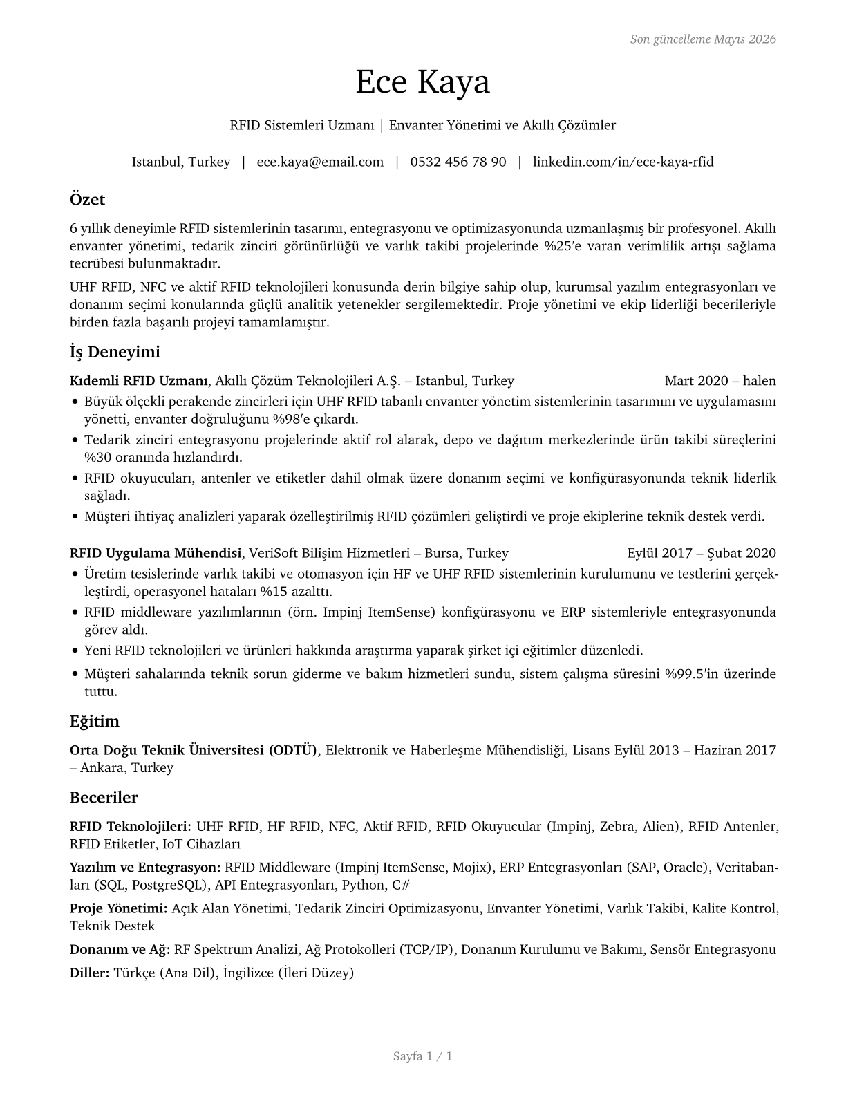 Radio Frequency Identification Device Specialists CV in Turkish — page 1