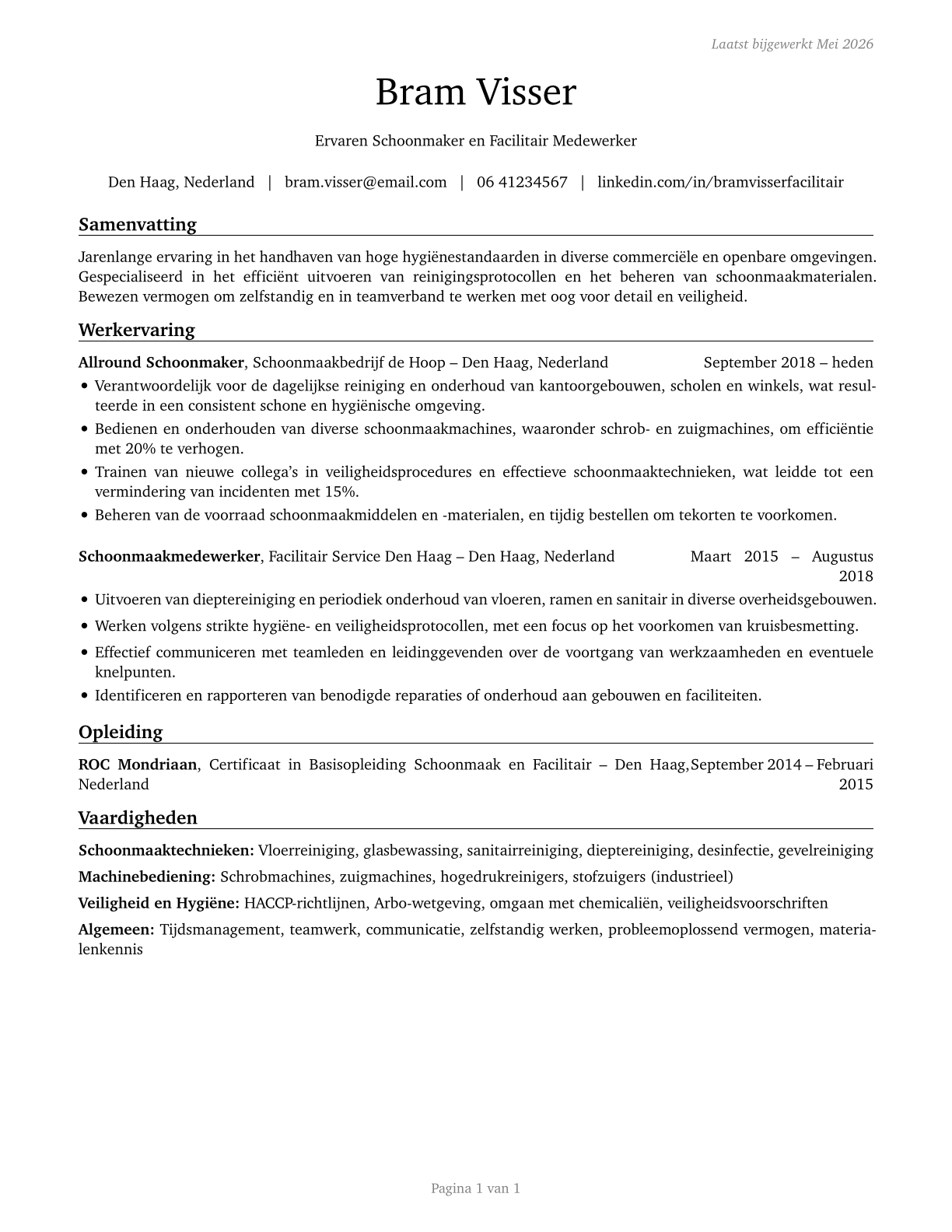 Janitors and Cleaners, Except Maids and Housekeeping Cleaners CV in Dutch — page 1