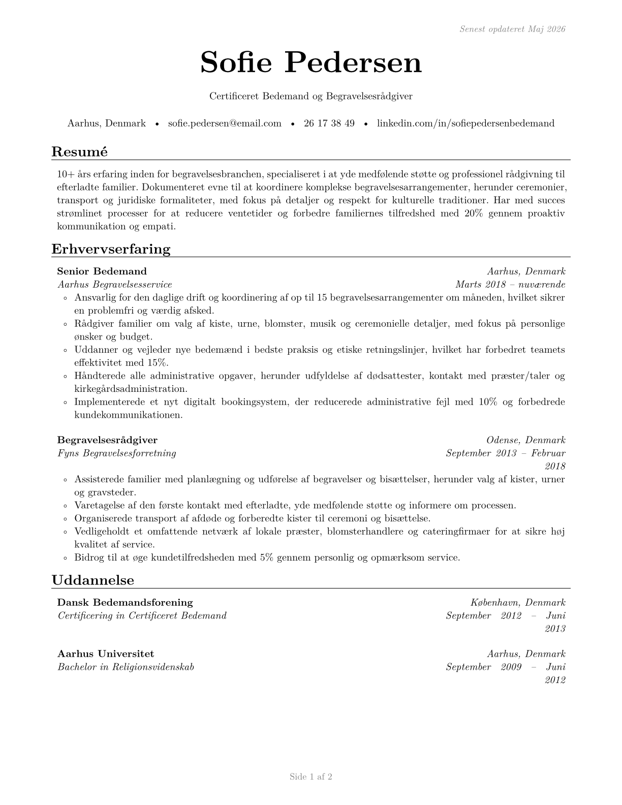 Morticians, Undertakers, and Funeral Arrangers CV in Danish — page 1