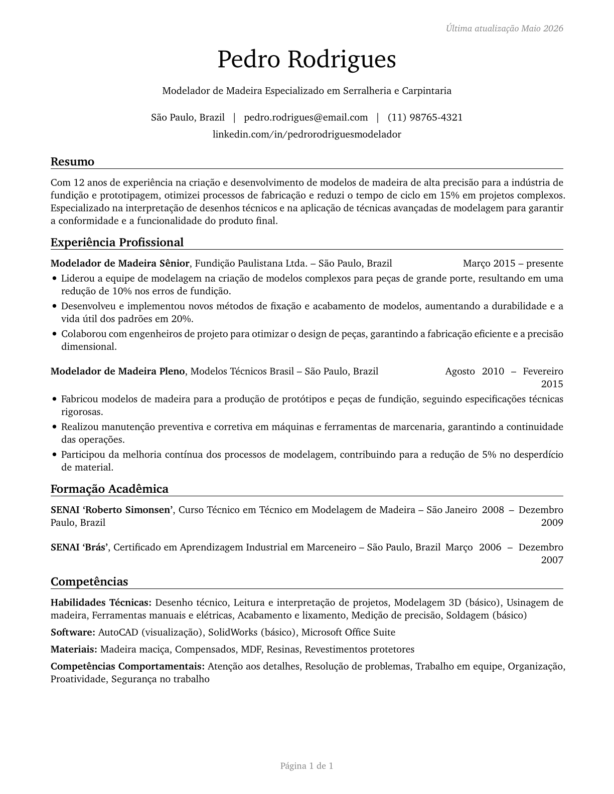 Patternmakers, Wood CV in Portuguese — page 1