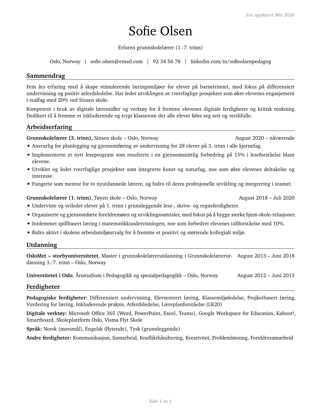 Elementary School Teachers, Except Special Education CV in Norwegian_bokmal — page 1