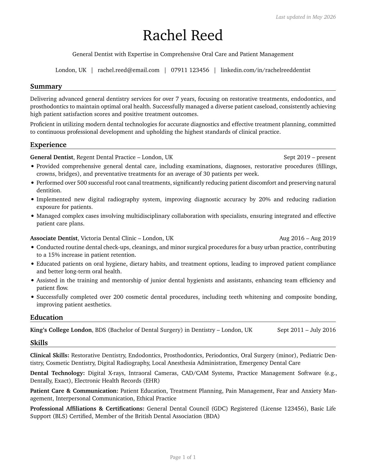 Dentists, General CV in English — page 1