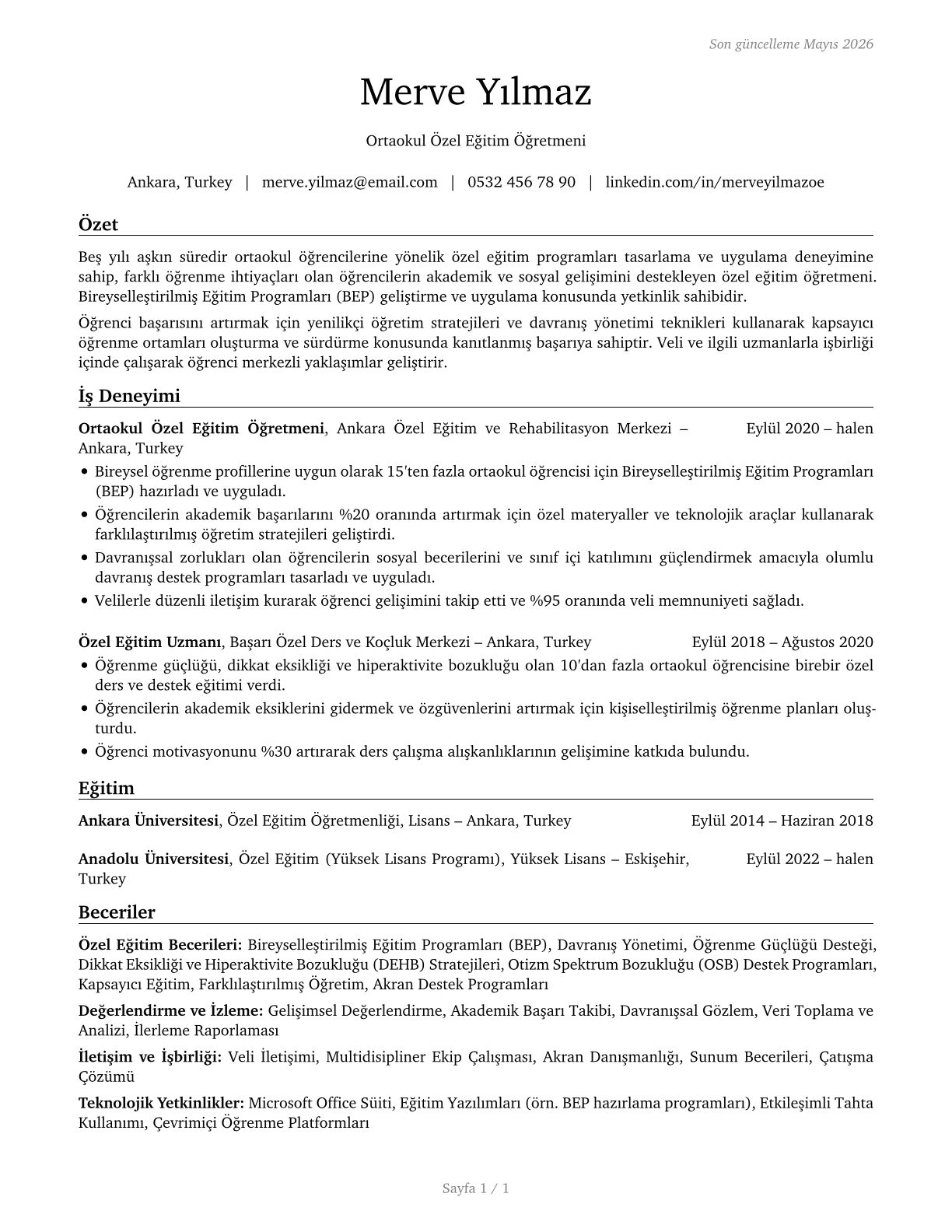 Special Education Teachers, Secondary School CV in Turkish — page 1