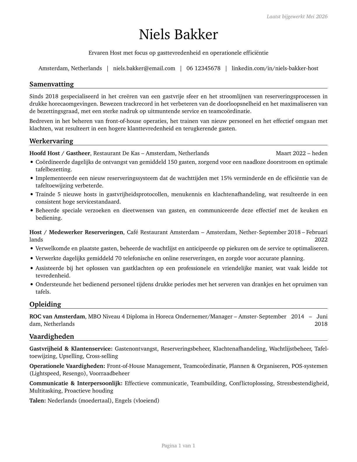 Hosts and Hostesses, Restaurant, Lounge, and Coffee Shop CV in Dutch — page 1