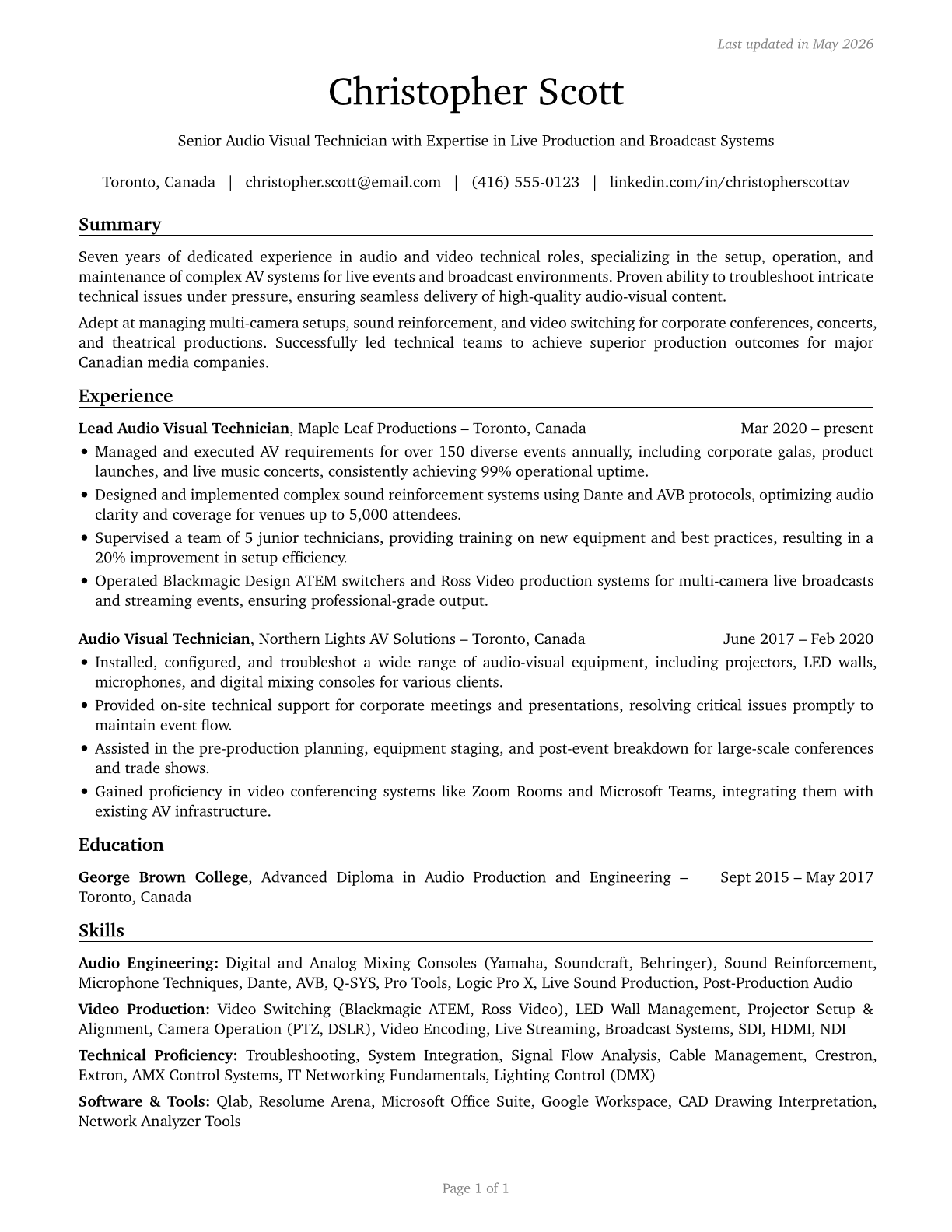 Audio and Video Technicians CV in English — page 1