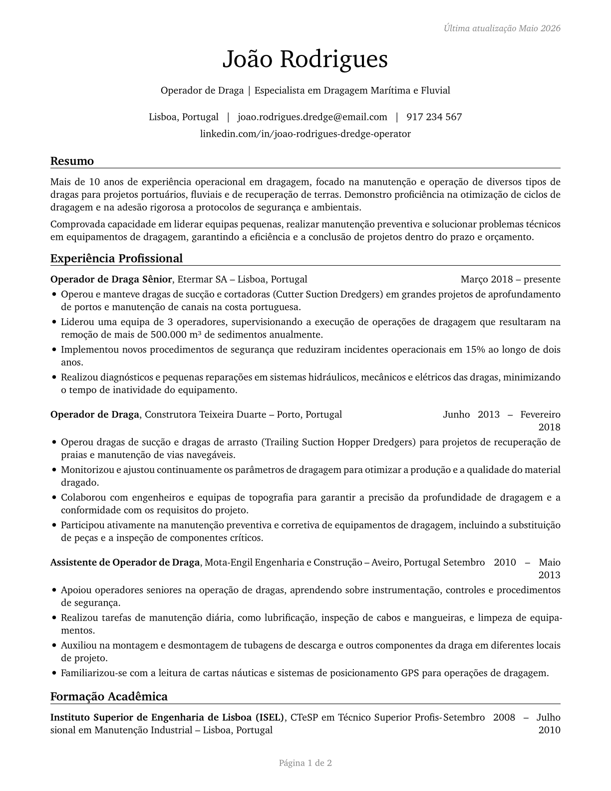 Dredge Operators CV in Portuguese — page 1