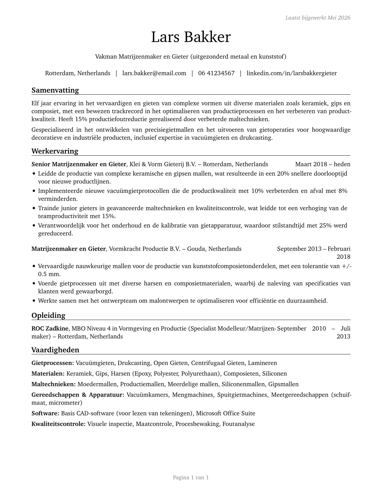 Molders, Shapers, and Casters, Except Metal and Plastic CV in Dutch — page 1