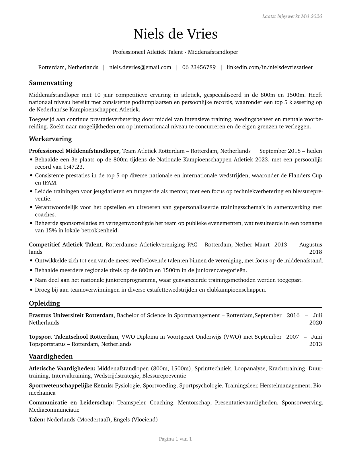 Athletes and Sports Competitors CV in Dutch — page 1