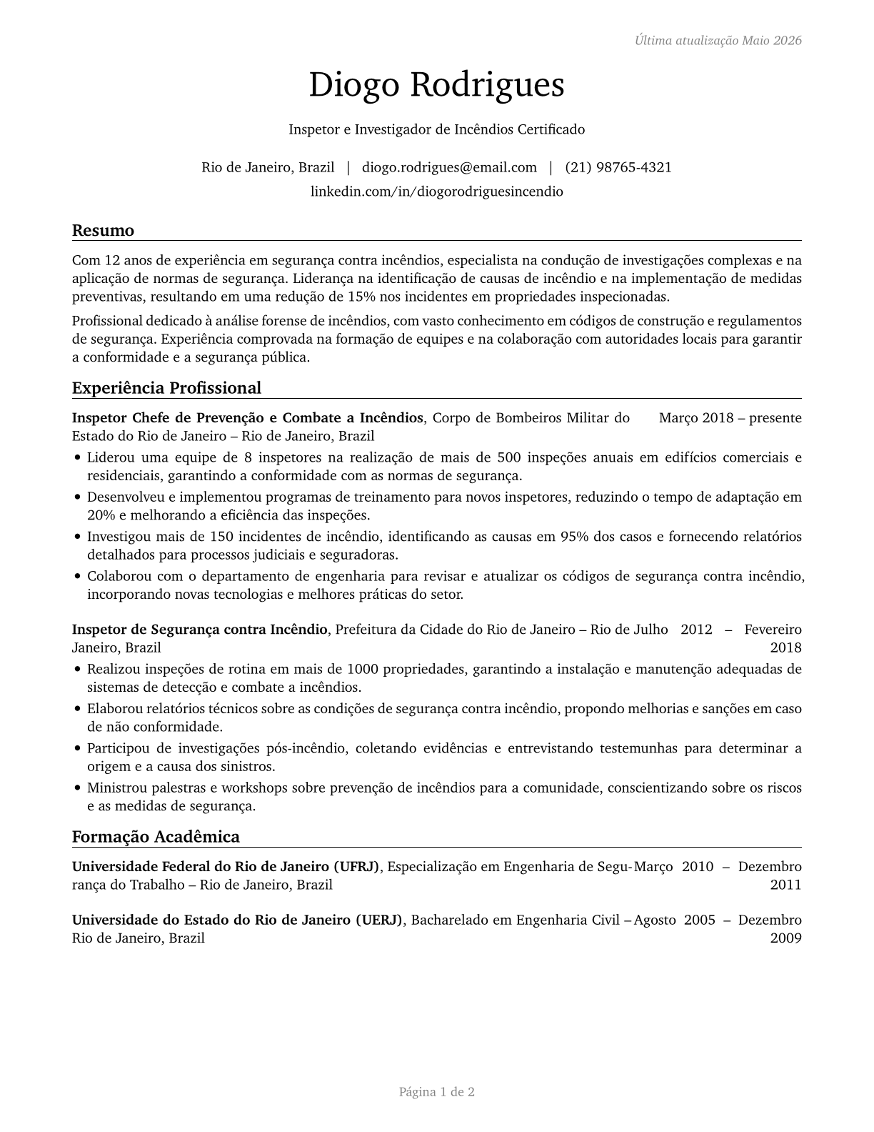 Fire Inspectors and Investigators CV in Portuguese — page 1