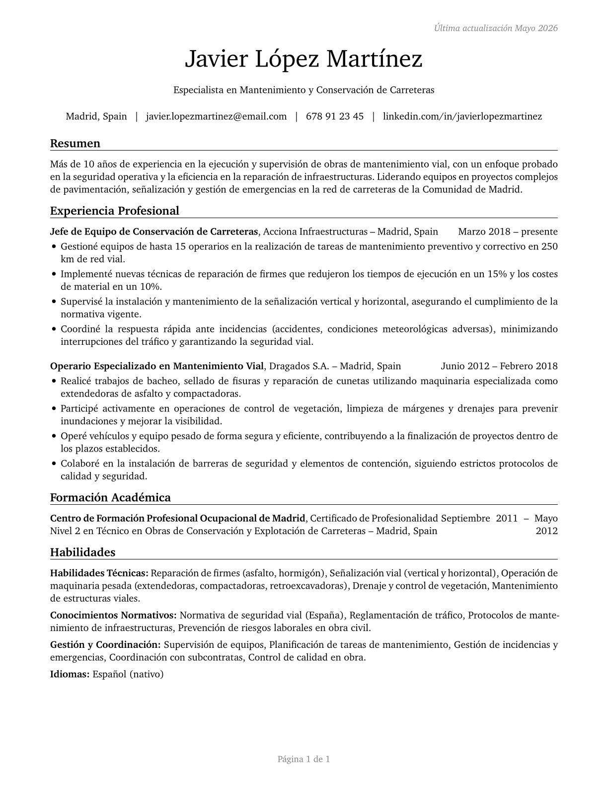 Highway Maintenance Workers CV in Spanish — page 1