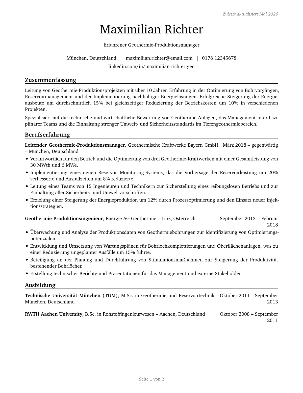 Geothermal Production Managers CV in German — page 1