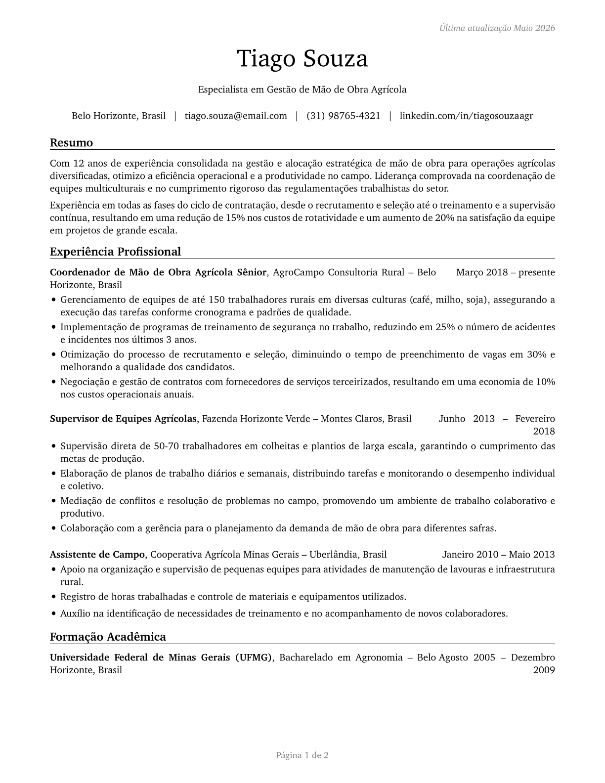 Farm Labor Contractors CV in Portuguese — page 1