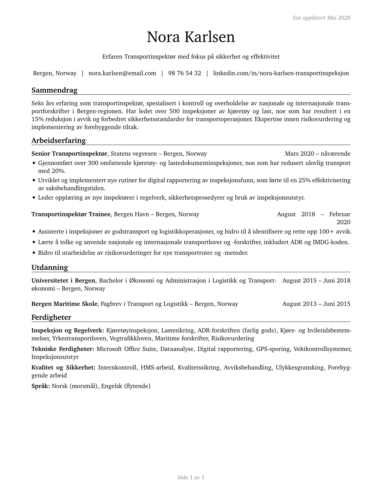 Transportation Inspectors CV in Norwegian_bokmal — page 1