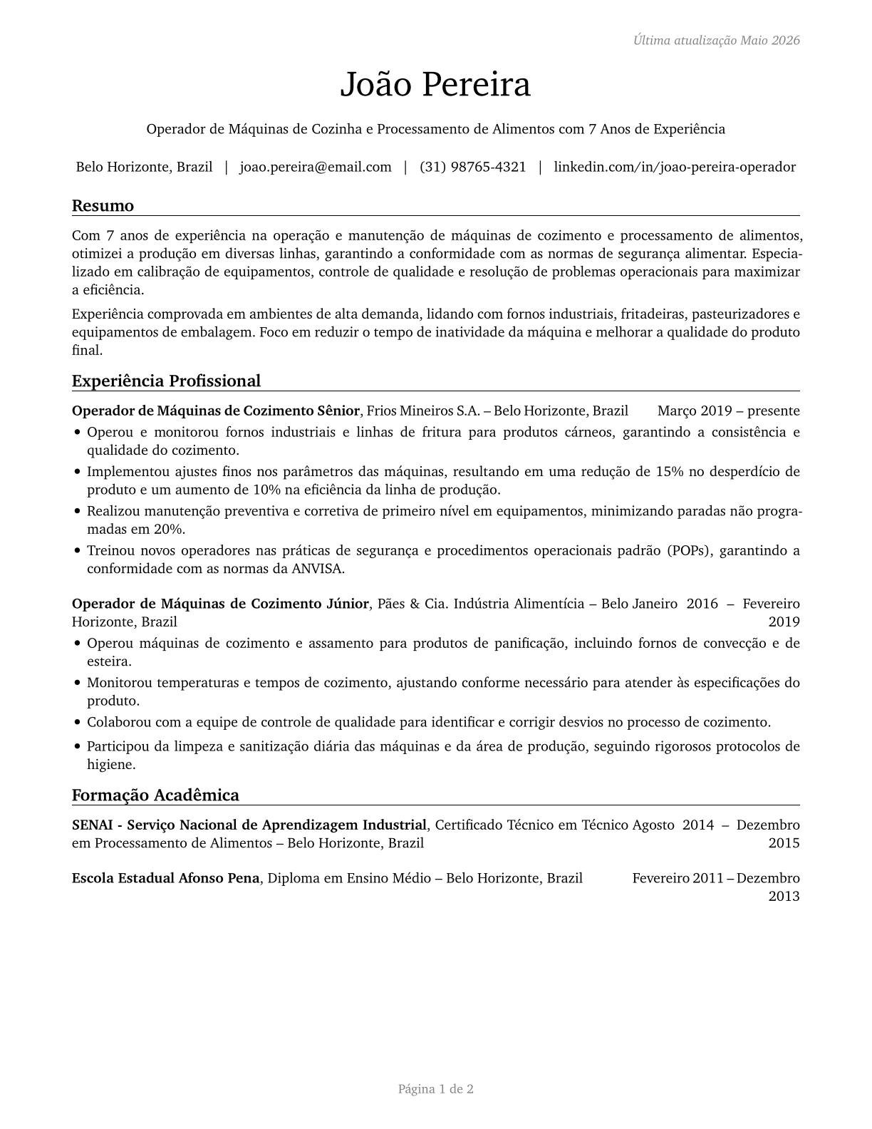 Food Cooking Machine Operators and Tenders CV in Portuguese — page 1